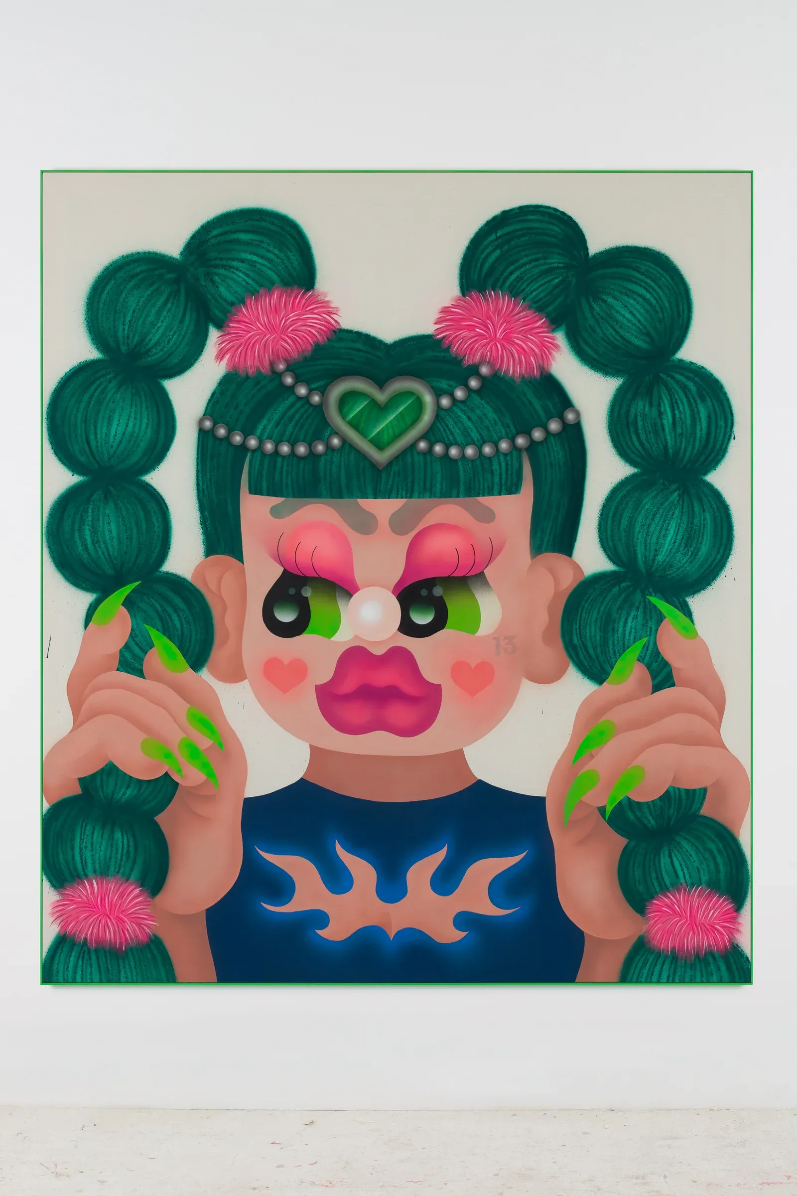 Bold figurative painting by Fátima de Juan depicting a frontal female portrait with exaggerated facial features, vibrant makeup, and symbolic elements emphasizing confidence and defiance.