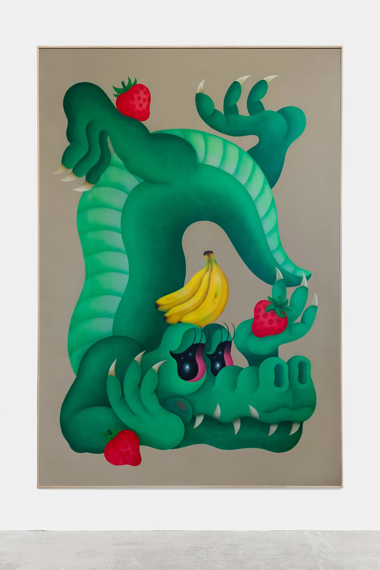 Large figurative painting depicting a green crocodile-like character holding fruit against a neutral background.