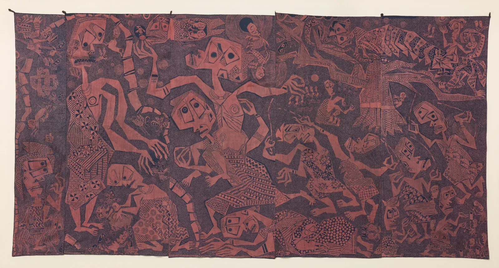 halle für kunst, Steiermark exhibition artist susanne Wenger, textile and painting Das große Fest des Ajagẹmọ,&nbsp;1958 - àdìrẹ Kassavastärkebatik figurative naive art