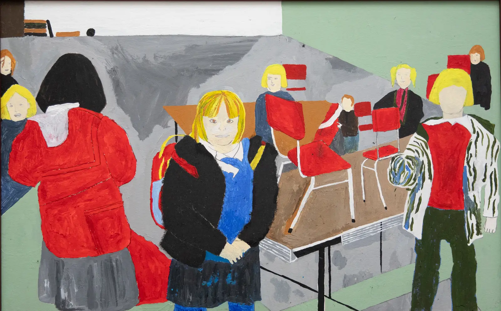 Painting by Paes, titled “Lisa Brown was a bitch” (2025), showing multiple figures in a classroom-like interior, acrylic on carton.
