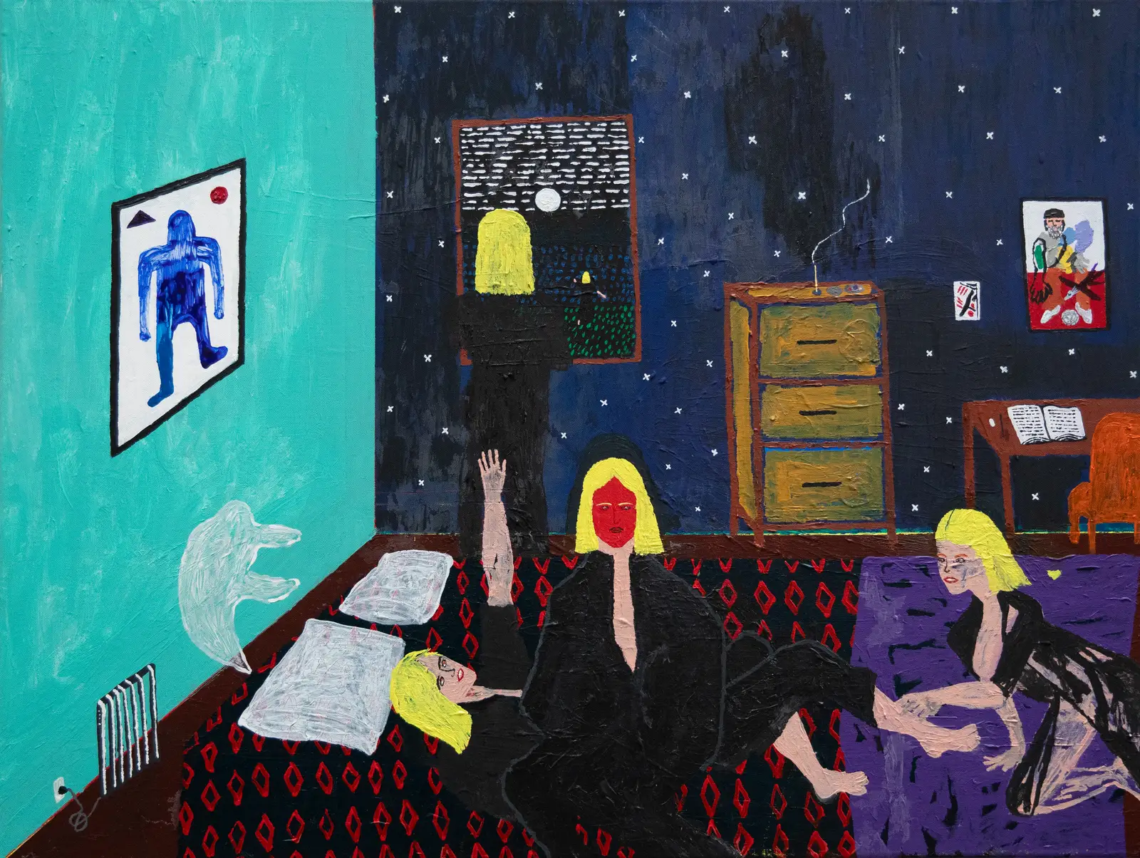 Painting by Paes, titled “It look like a nightmare but feels like a dream” (2025), showing figures in an interior night scene with patterned floor and furniture