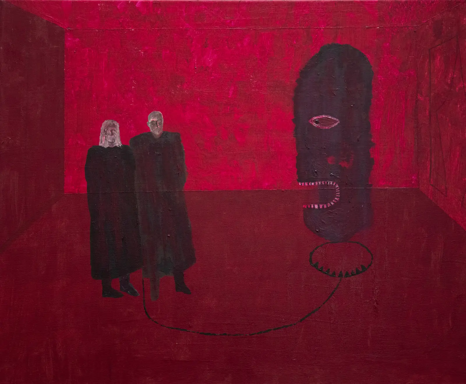 figure against a dark ground with graphic elements, acrylic on canvas.