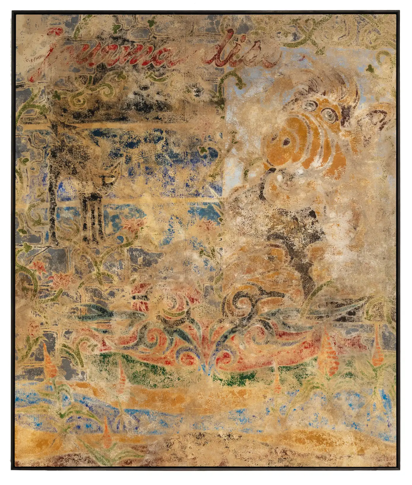 Large contemporary painting by Ruben Einsmann on canvas with layered imagery and worn surface.