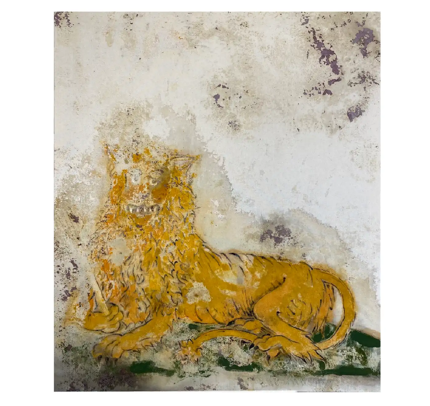 Contemporary painting by Ruben Einsmann depicting a reclining animal figure on a textured, weathered surface.