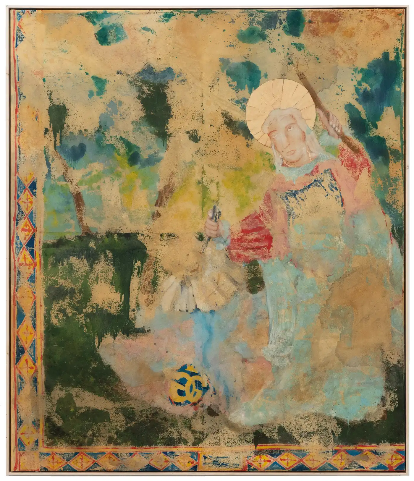 Large painting by Ruben Einsmann depicting a figurative scene with textured surface and faded colors.