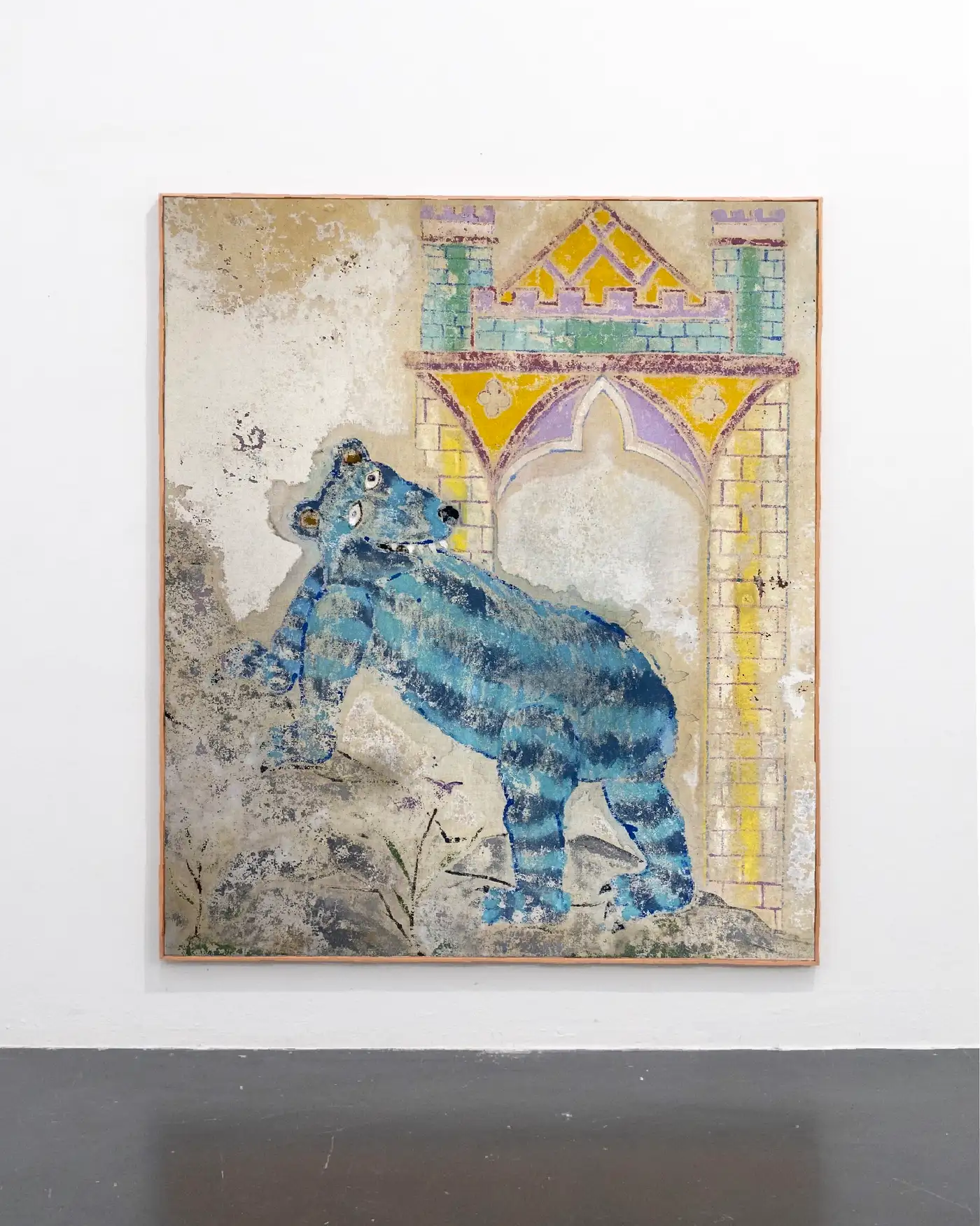 Contemporary painting by Ruben Einsmann showing a blue striped bear figure in front of an architectural backdrop.