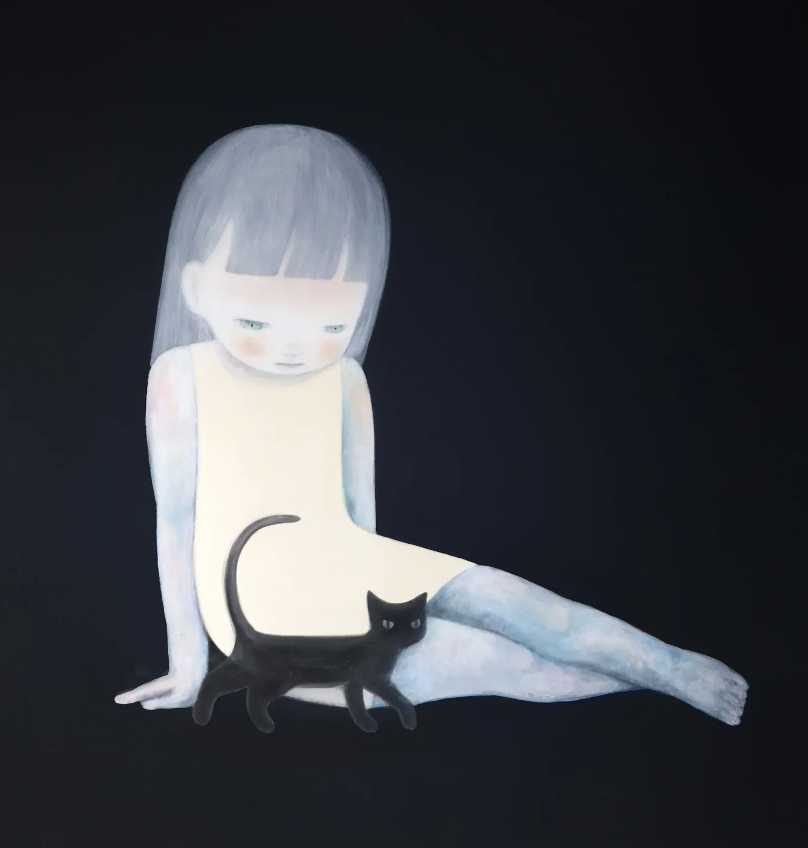 Pale faced figure seated in darkness with a black cat resting against the body in a contemporary figurative painting by Ruo-Hsin Wu, suggesting solitude and emotional quiet.
