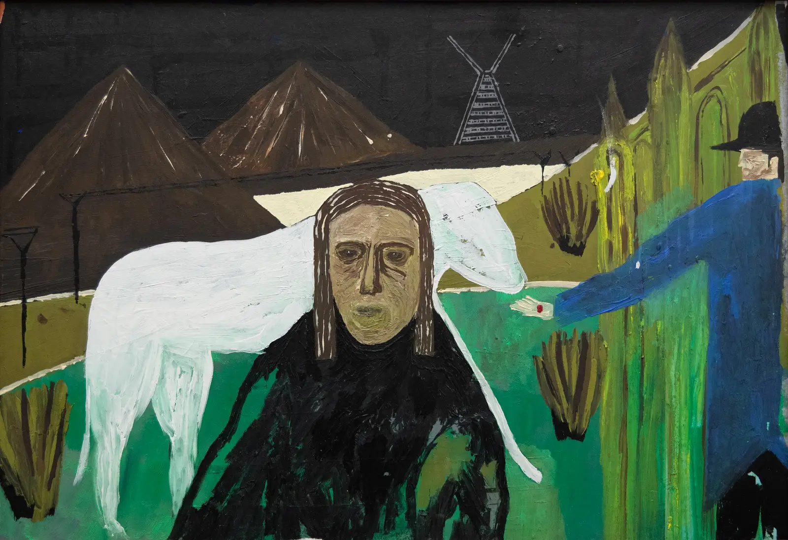 Painting by Paes, titled “Something in the way” (2025), showing a frontal figure in a landscape with animals and architectural elements, acrylic, oil and oil pastel on paper.