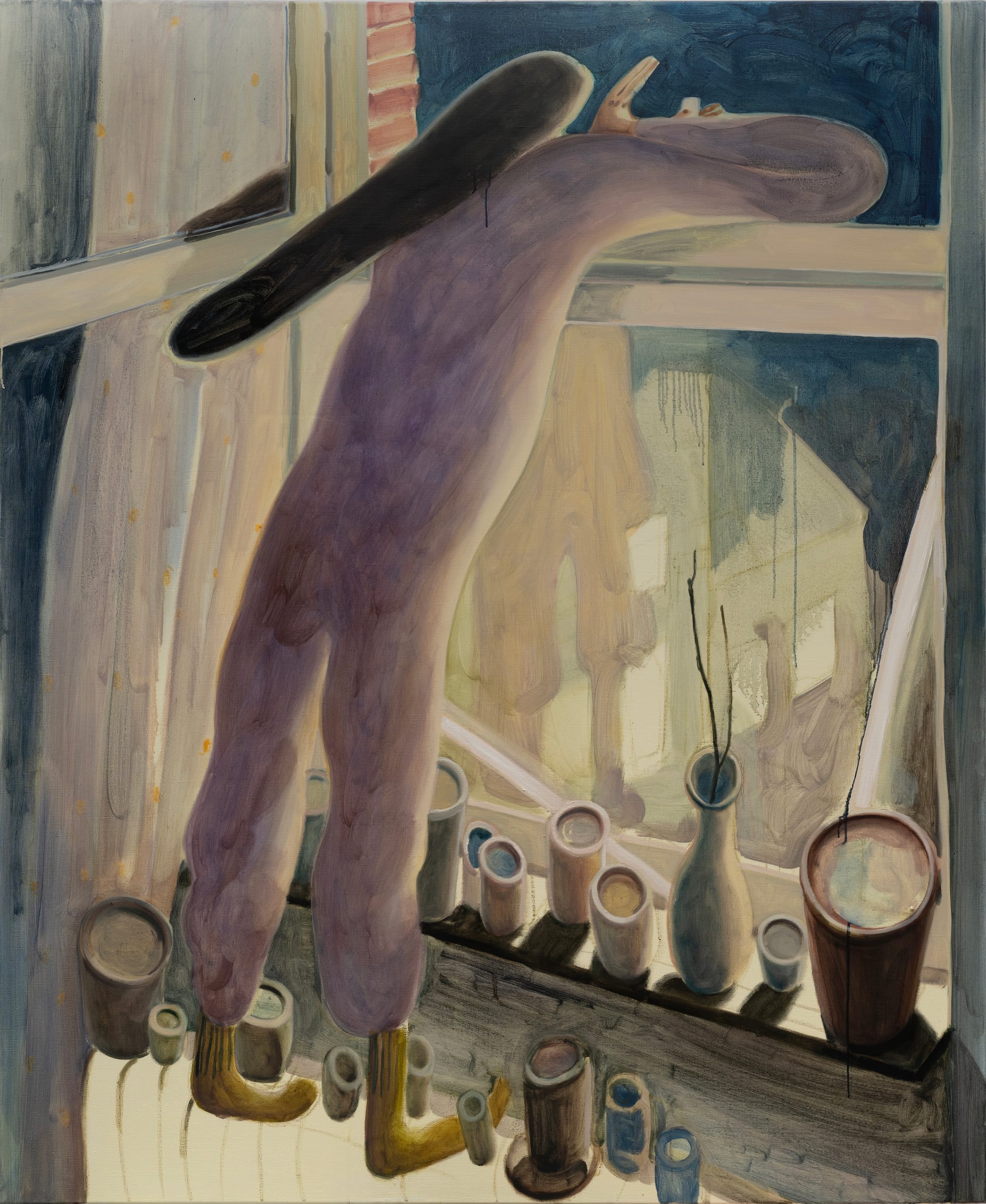 Jeehye Song, Rauchverbot, oil on linen, 2025, depicting an elongated figurative body leaning through a window above a shelf of ceramic vessels in a muted interior scene.