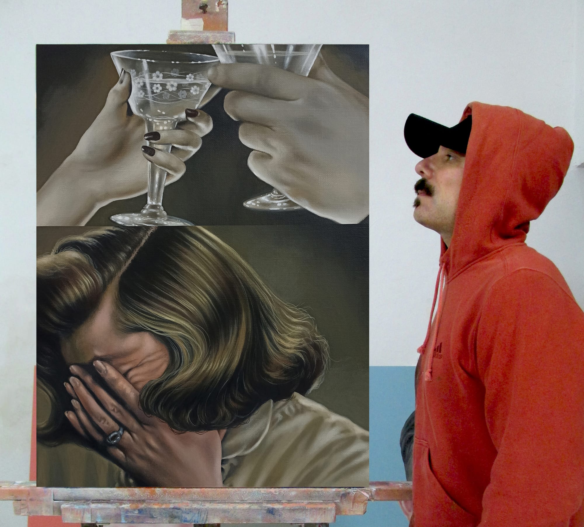 angelo volpe inforno of his painting with an crying woman, figurative Italian contemporary painter to watch