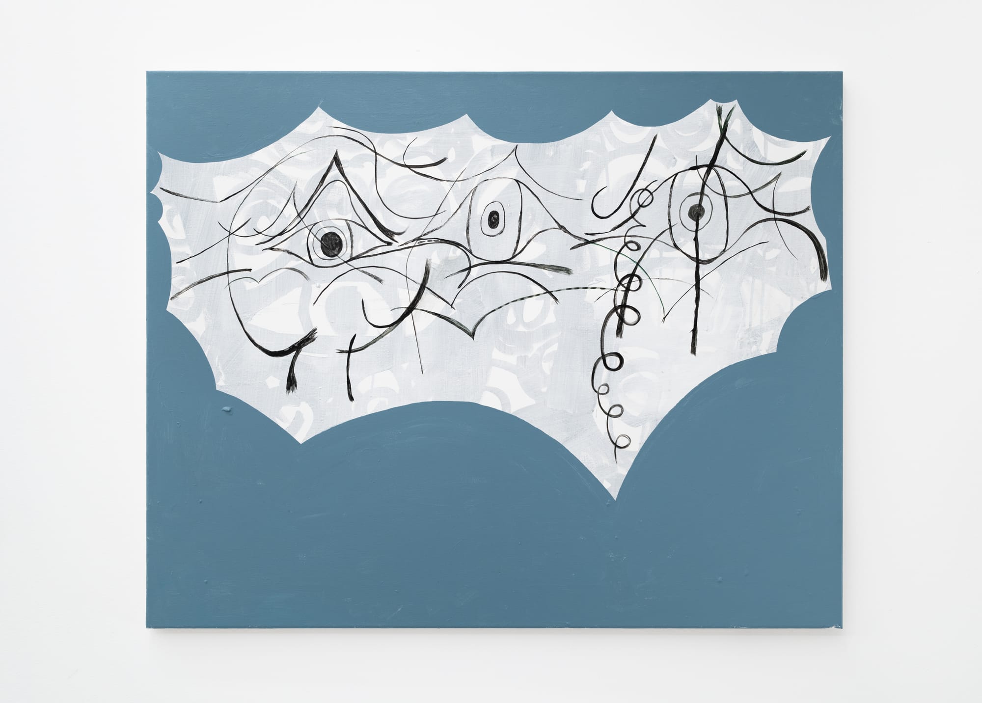 Painting by Tom Król featuring black gestural lines and abstract facial forms on a white irregular shape set against a muted blue background.