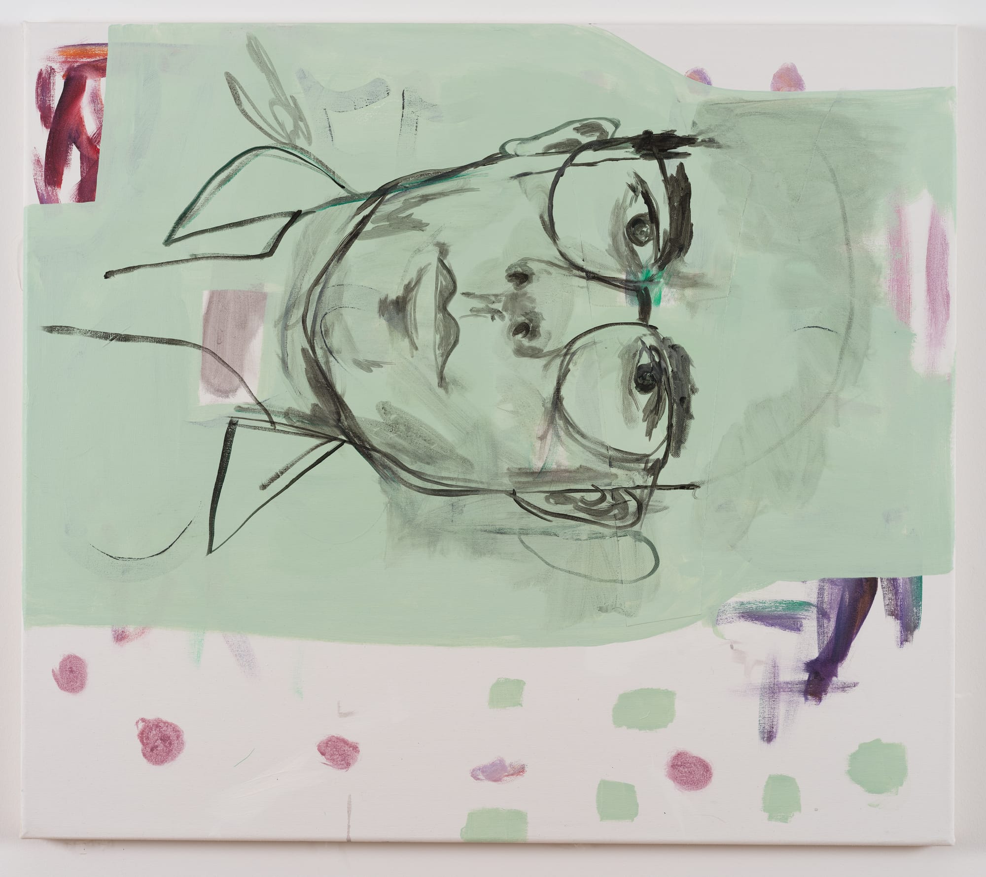 Tom Król, “Self portrait green,” 2023, acrylic on canvas, expressive portrait with pale green field, gestural black line drawing and pink dotted elements.