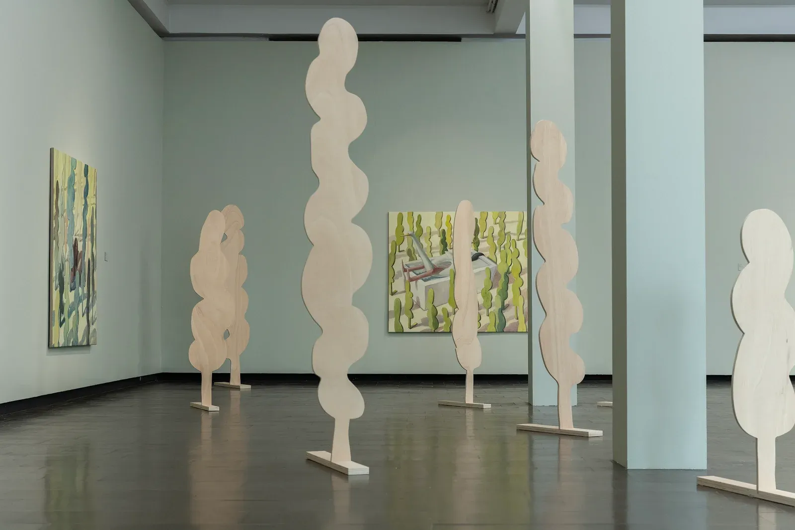 Installation view of Jeehye Song exhibition at Junger Westen, Recklinghausen, showing paintings and freestanding sculptural forms in gallery space.