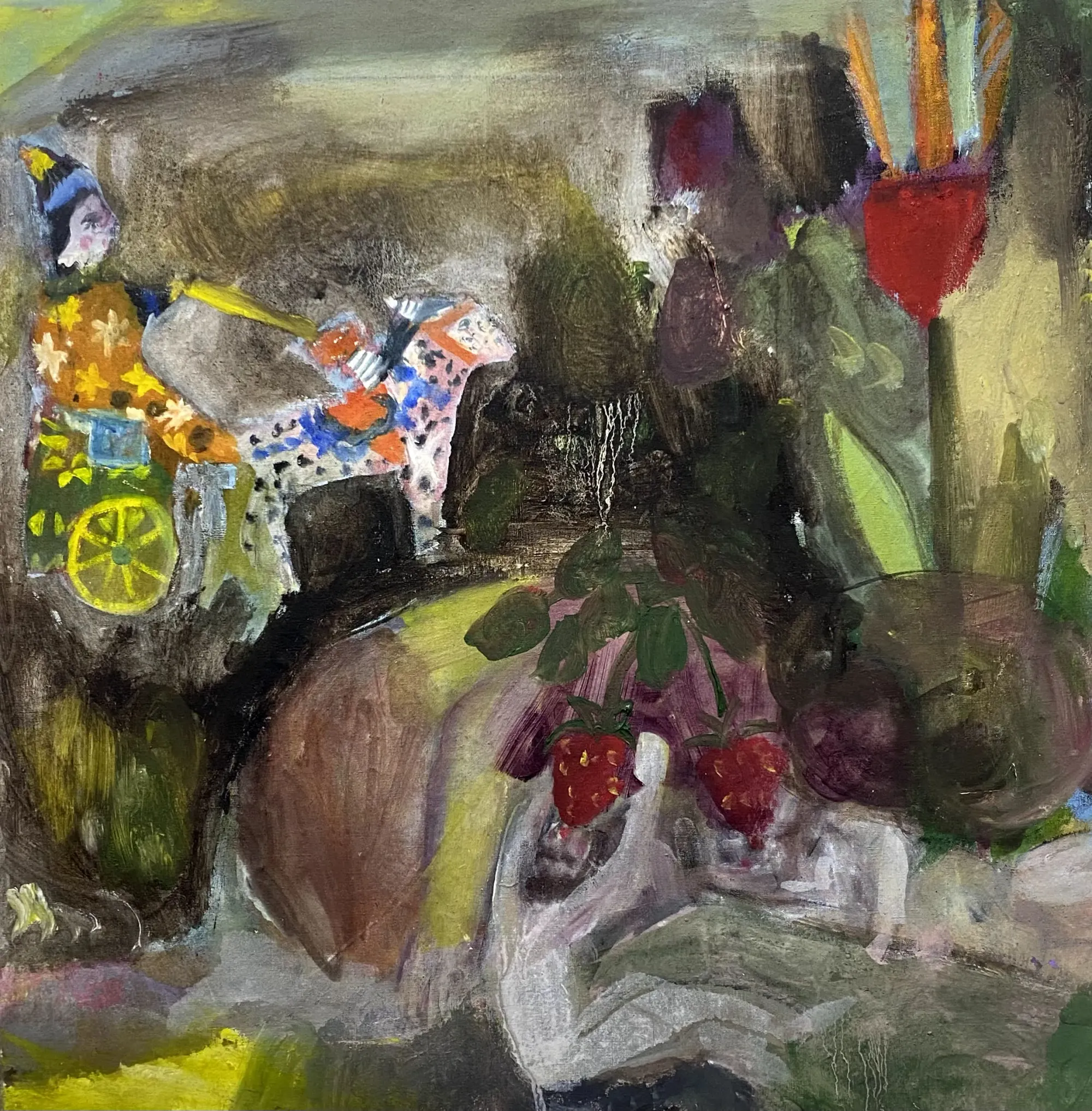 Contemporary figurative painting by Magdalena Maller with layered interior scene and symbolic objects, mixed media on canvas, 2025.