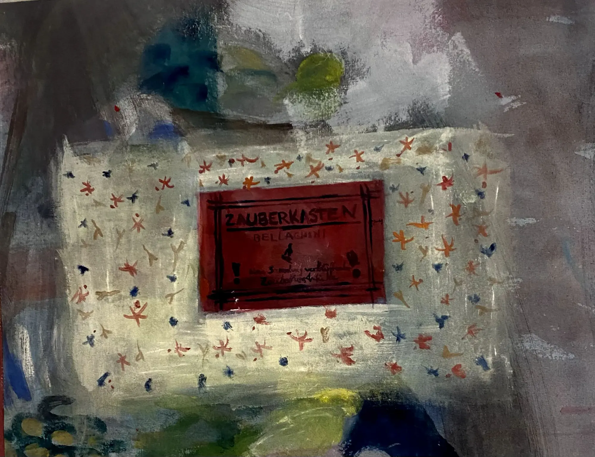 Magdalena Maller painting Zauberkasten, 2025, mixed media with egg tempera and oil on canvas, layered figurative composition with text element.