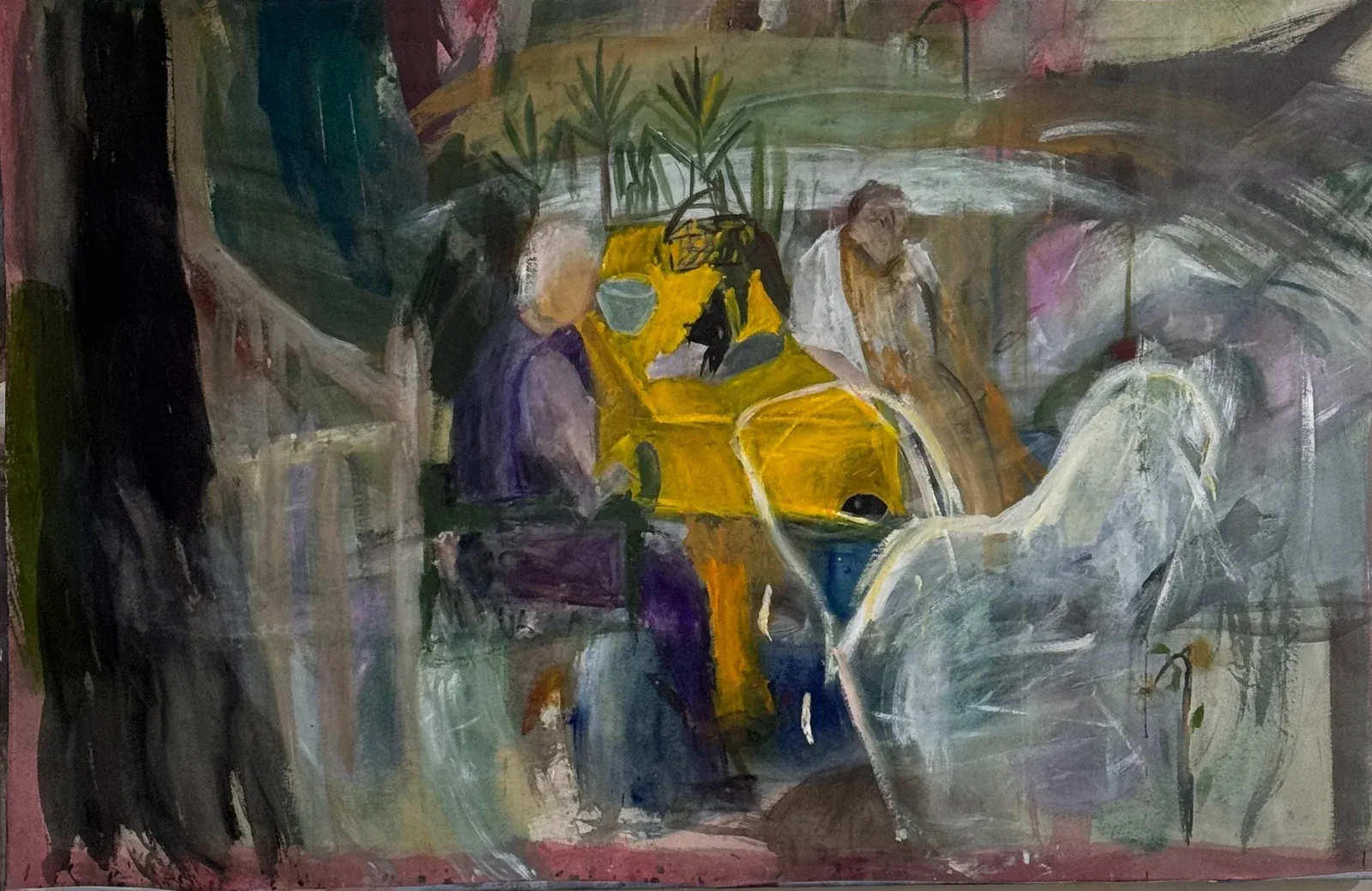 Large figurative painting by Magdalena Maller showing seated figures in interior setting, expressive layered surface, oil and pigment on canvas, 2025.