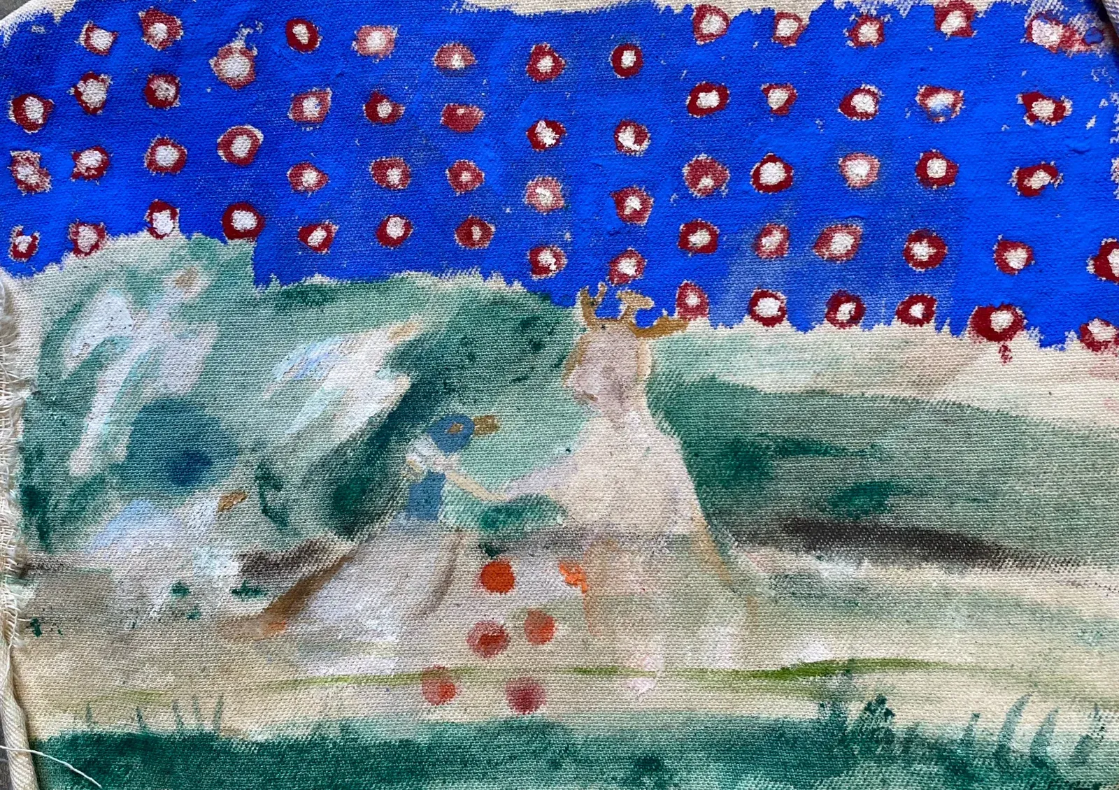 Painting by Magdalena Maller titled Ententod, figurative scene with expressive brushwork, pigment on canvas, contemporary Austrian painting.