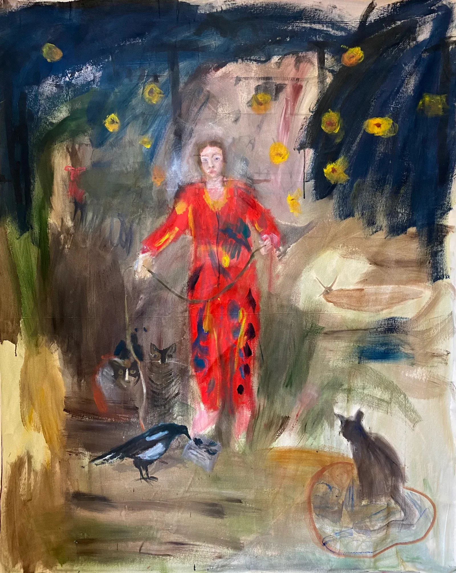 Figurative painting by Magdalena Maller referencing Francisco de Goya, expressive scene with central red figure, animals and symbolic elements, oil and egg tempera on canvas.