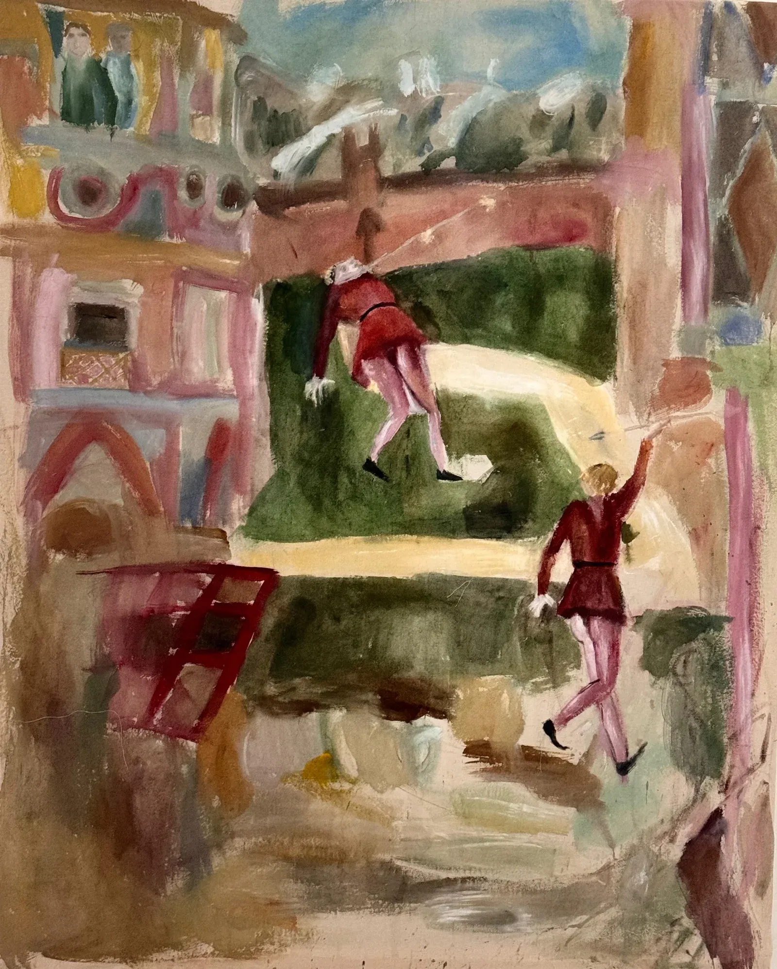 Large-scale narrative painting by Magdalena Maller with architectural setting and suspended figure, expressive brushwork, pigment on canvas, 2025.