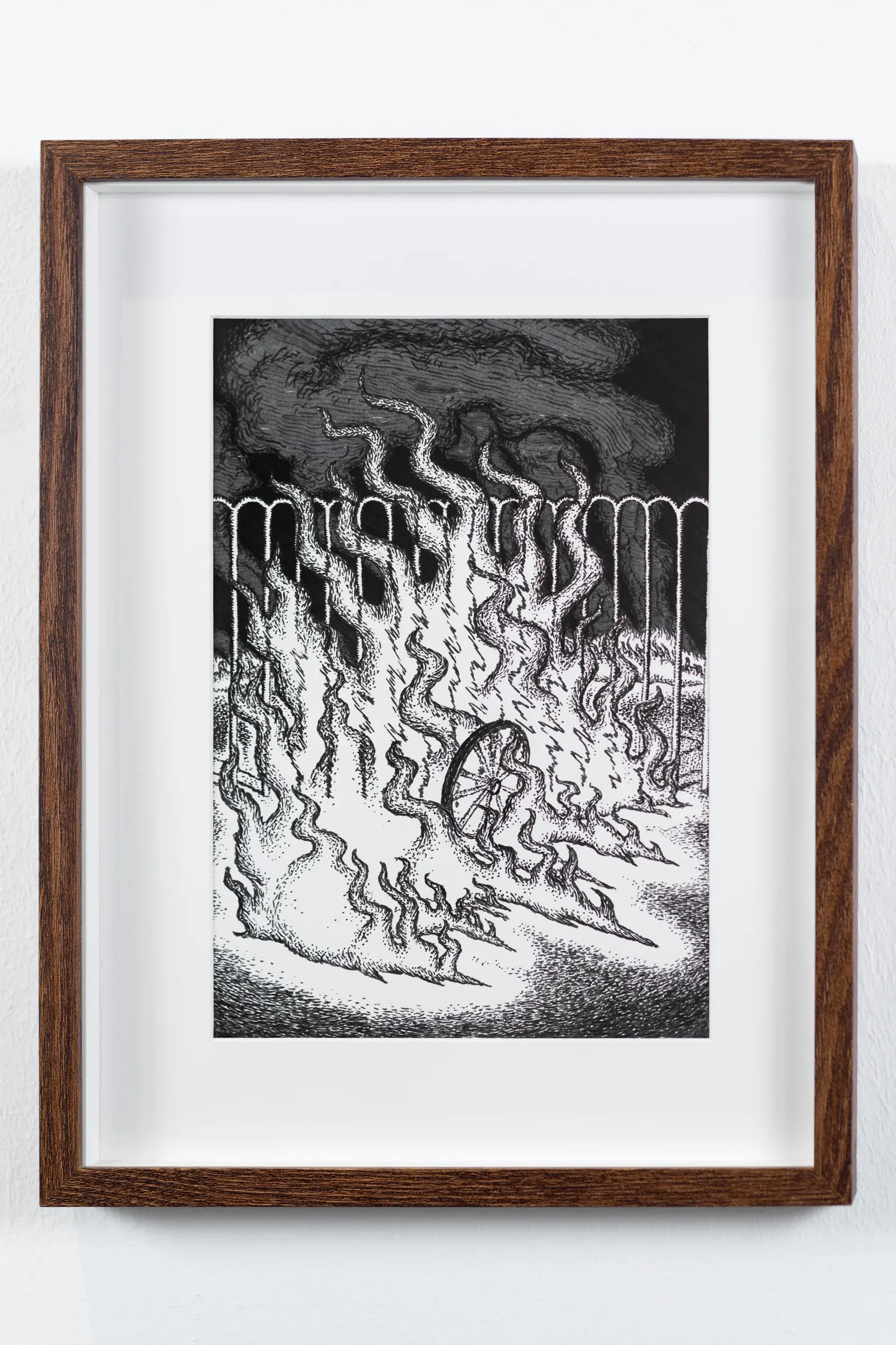 Framed black and white drawing by Martha Kicsiny titled Consequences II, depicting architectural columns and flame-like forms in a dystopian landscape.
