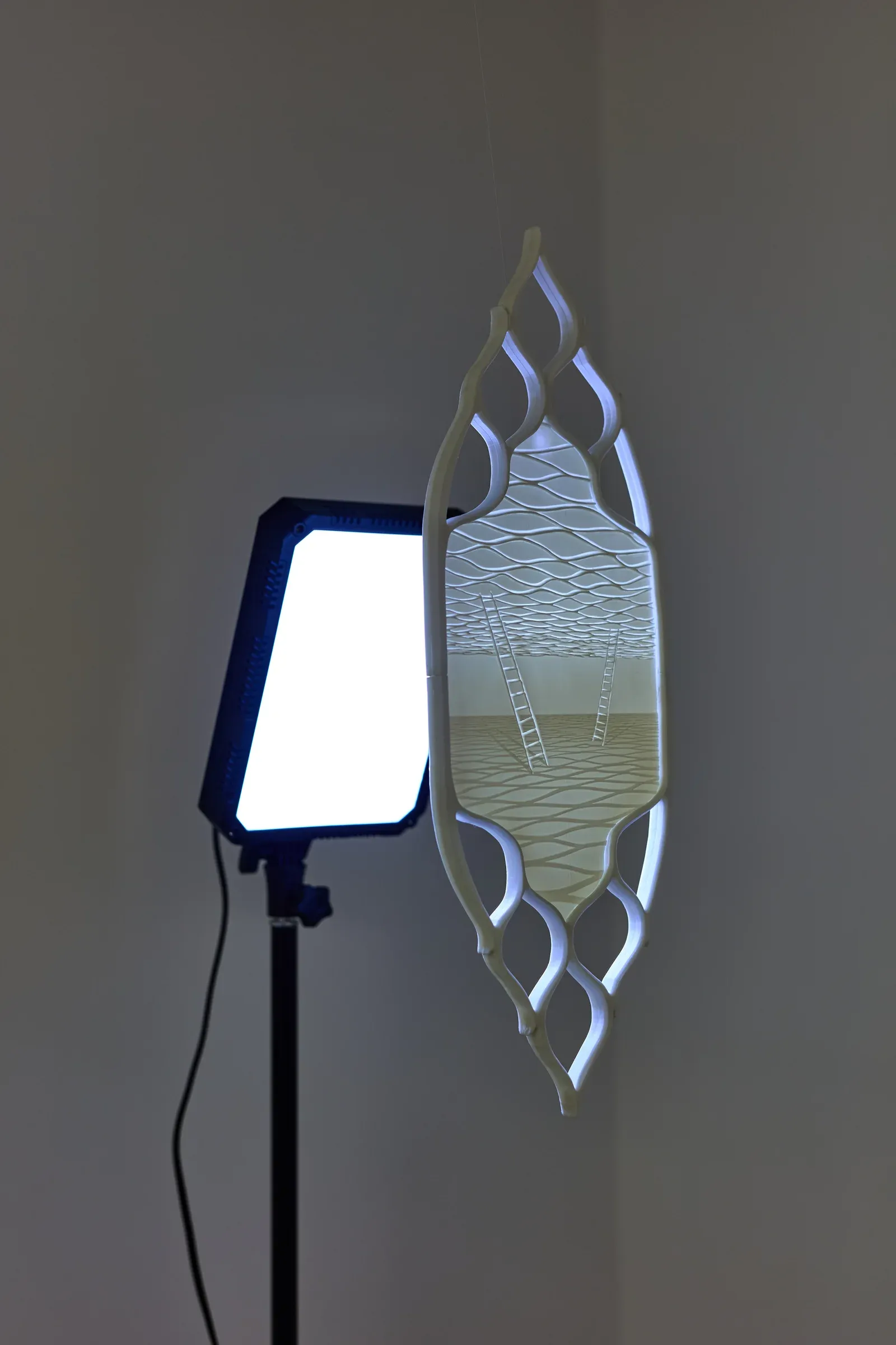 Light-based lithophane sculpture by Martha Kicsiny titled Freedom Evaporates, photographed with studio lighting equipment, showing a net-like ceiling and ladder motif.