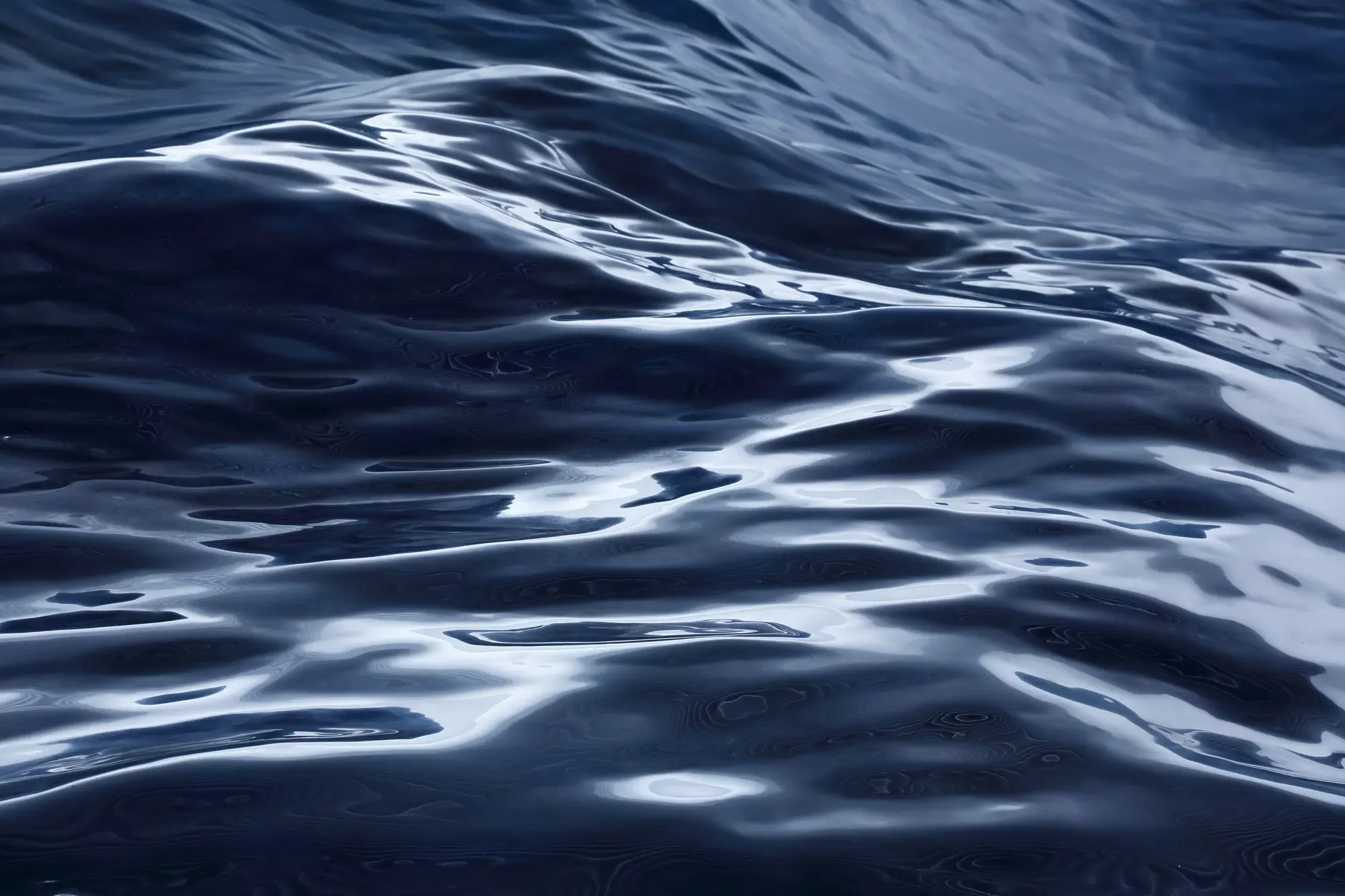 Close view of rolling dark blue waves in 目 [mé] Contact installation, Mori Art Museum Tokyo, 