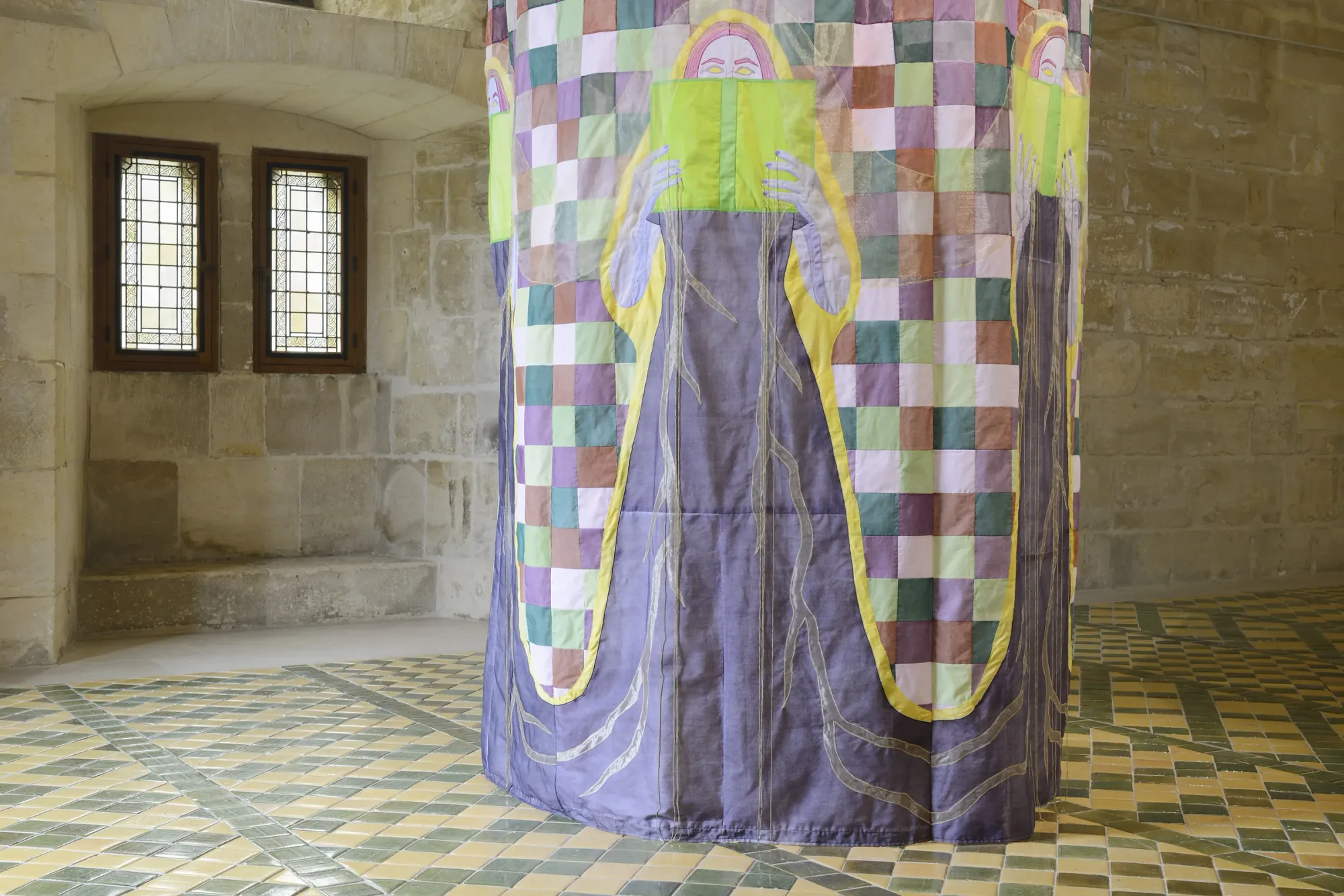 Lauren Januhowski - exhibition view - monotypes printed on cotton and sewn, polyester organza, embroidered details, metal structure, 3.5 m height x 5.2 m circumference.