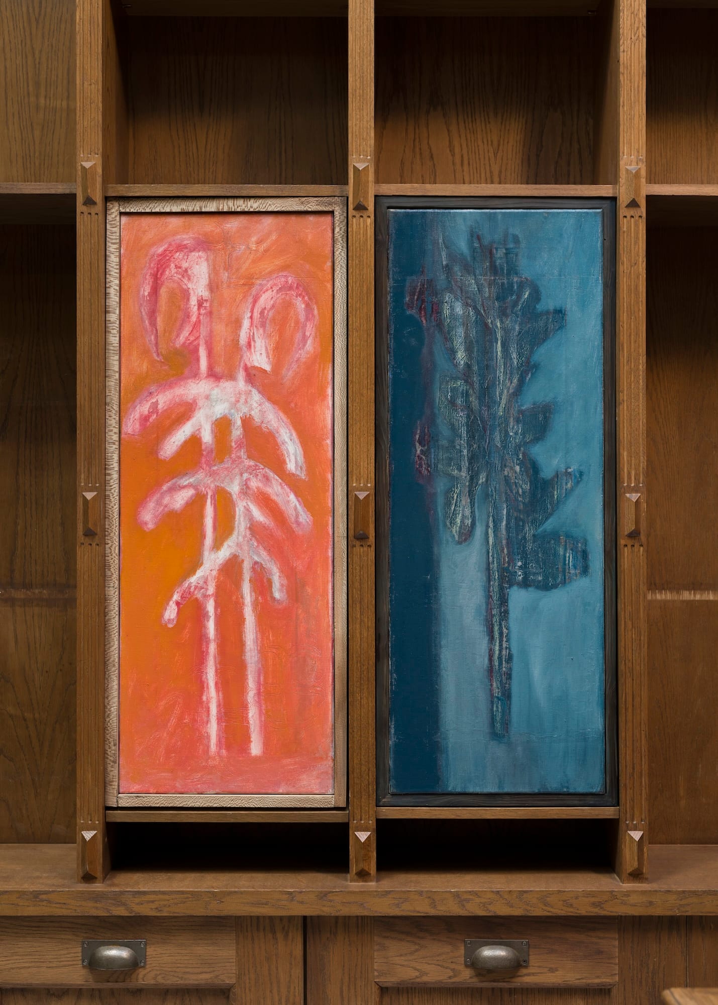 Two vertical paintings titled Fever and Spagyria (2026) by Felix Murphy, oil on linen, installed side by side in wooden shelving in the exhibition Bitter Spring at MARA Projects, London.