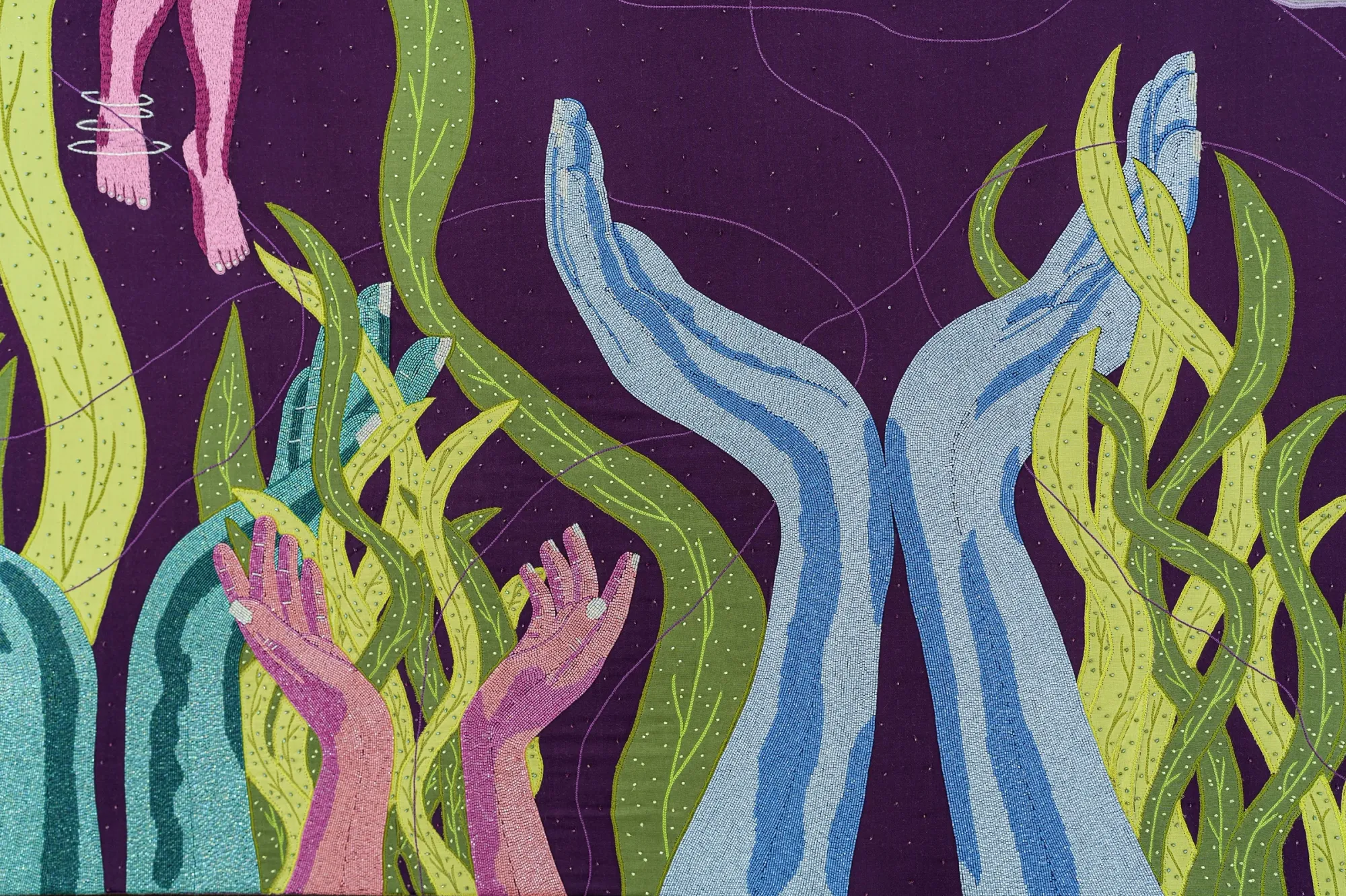 Lauren januhowski, artwork supported subversion, Zardozi, bead, and sequin embroidery, satin and organza appliqué