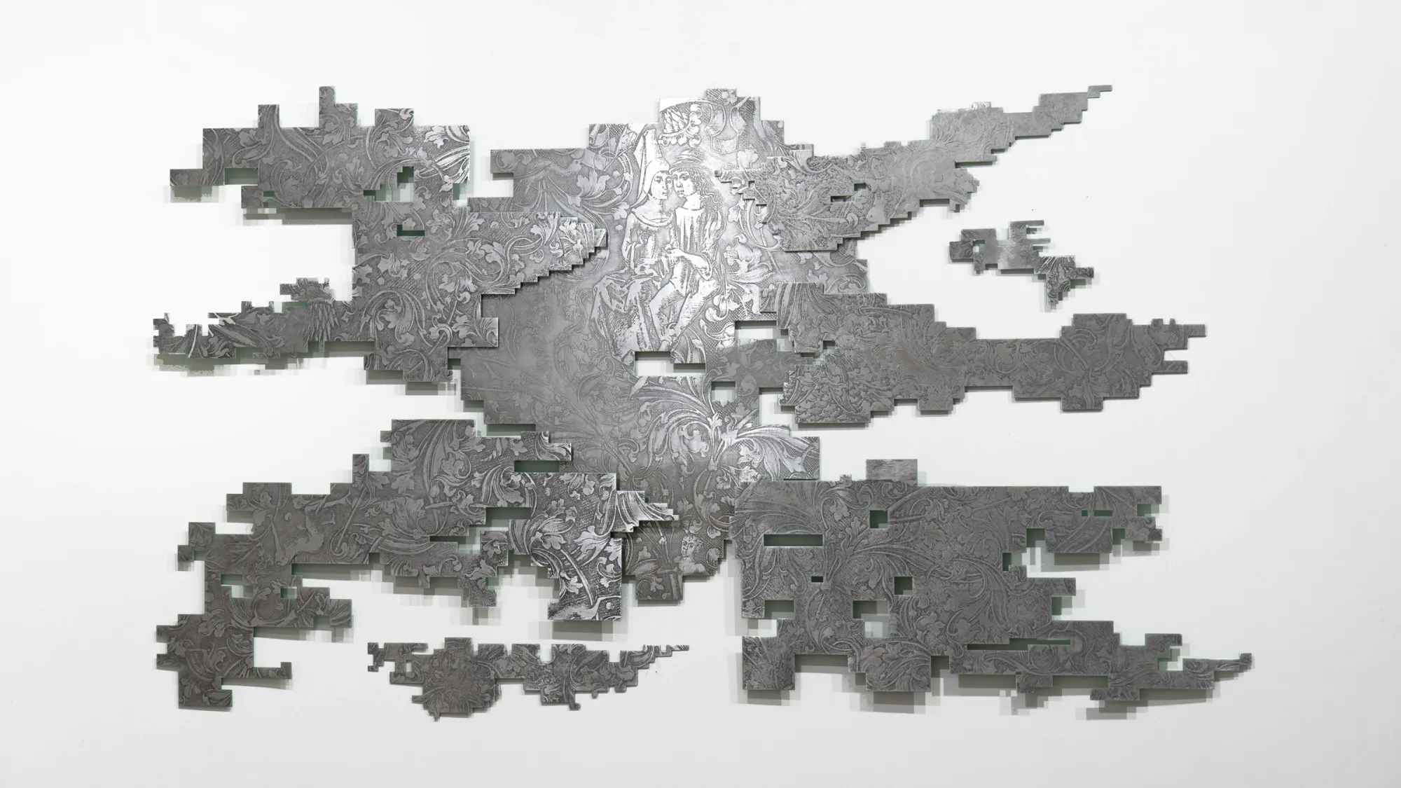 Maria Belova ag18 gallery vienna installment curated by Julia harrauer, etched metal construction mounted on wall 