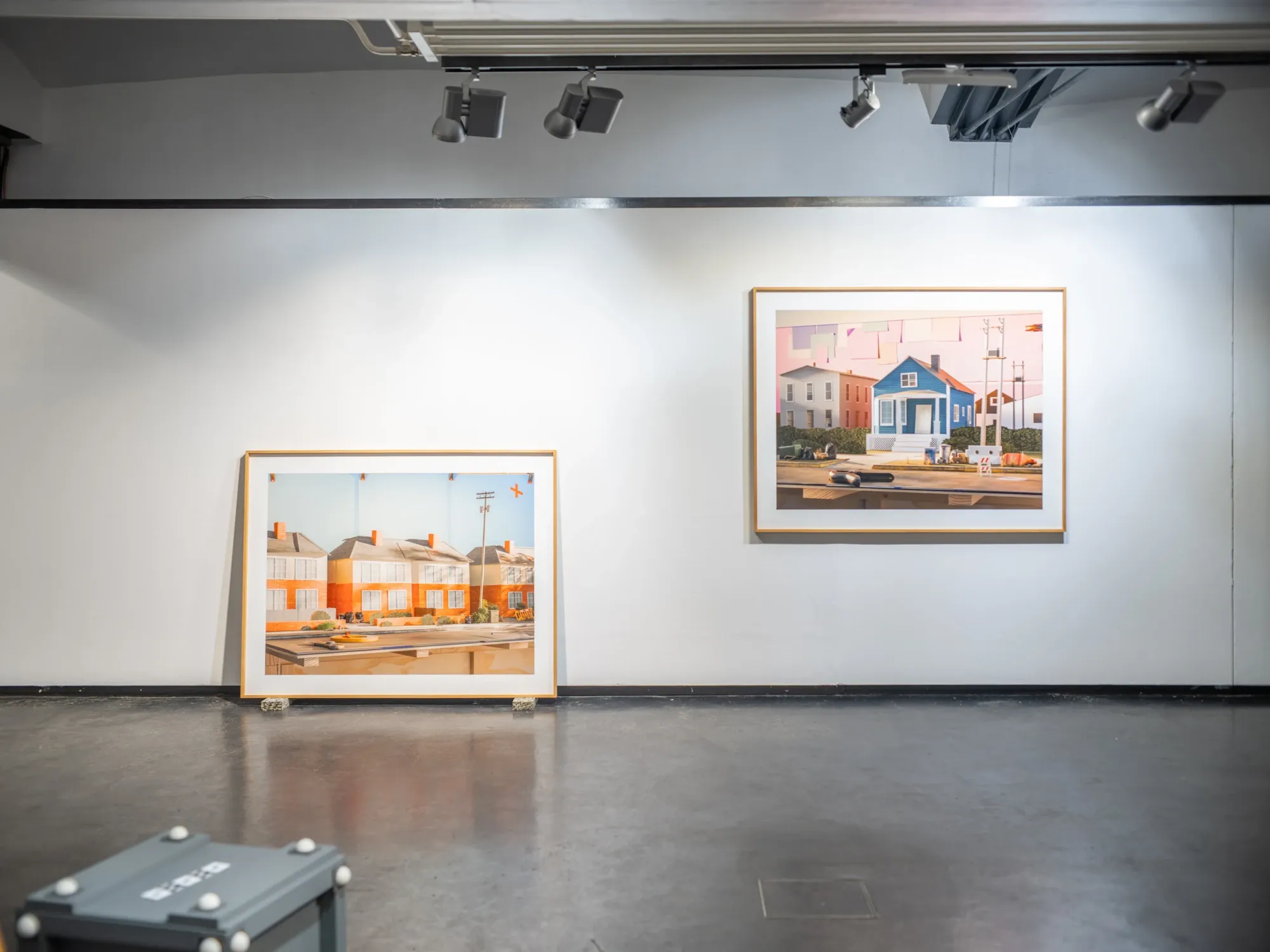 carlos zappalla, artist , exhibiton view two digital pigment prints, called London and starter house - model scape 3d digital rendered version 