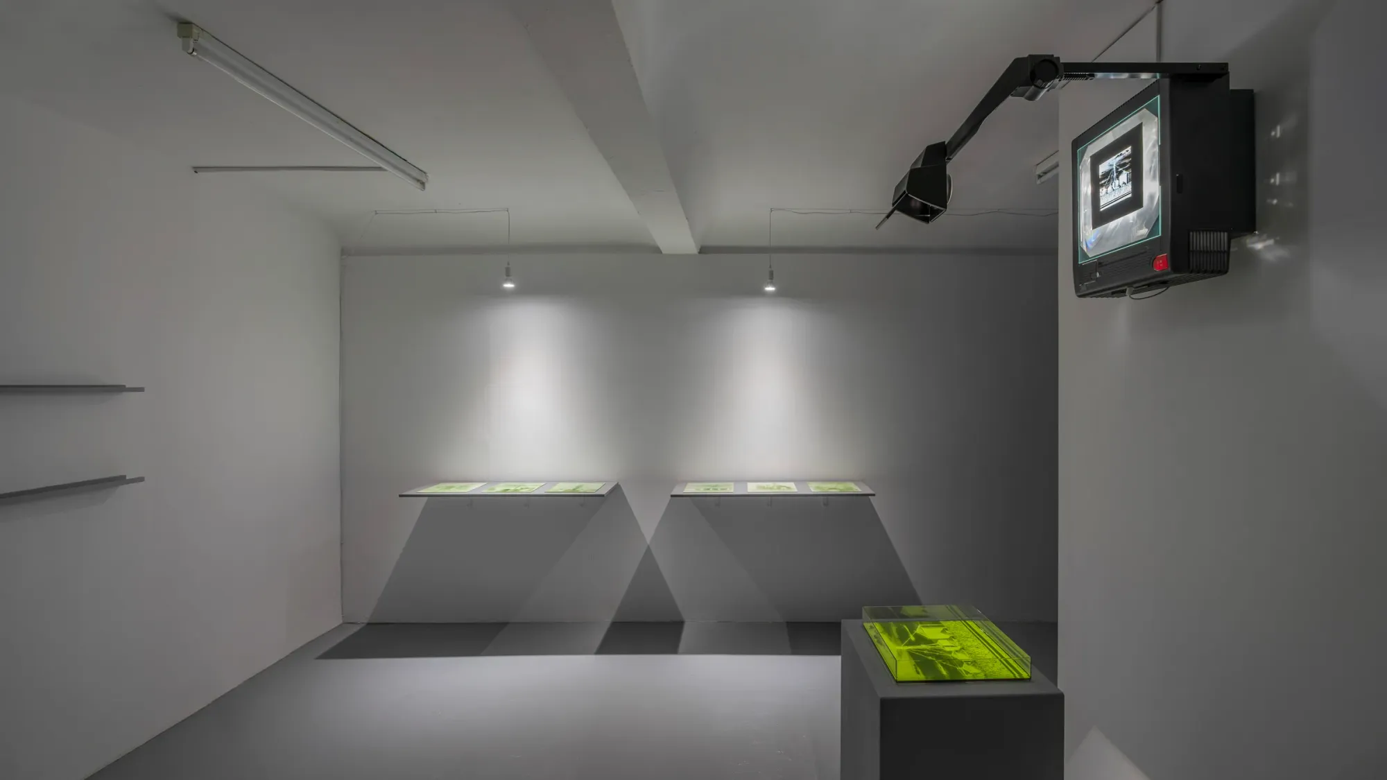 Installation detail showing green-toned photographic prints on wall-mounted shelves and translucent green object on pedestal, CRT monitor displaying image, Kaya & Blank Bloom basis Frankfurt 2026 detail view