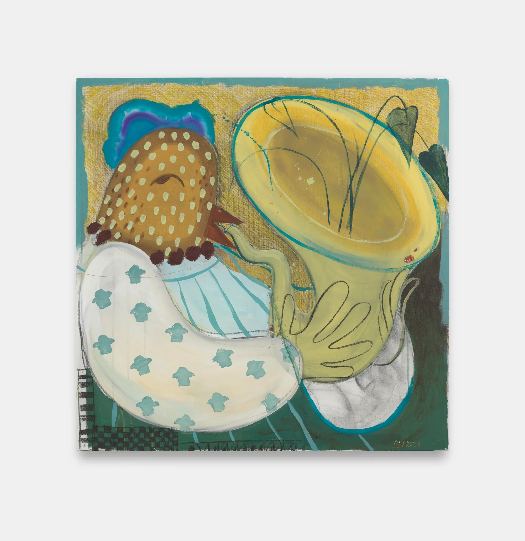 Blooming song painting by Lera Derkach, figurative composition of a figure holding a horn-like instrument in oil sticks, charcoal, acrylic and watercolor crayons on canvas.