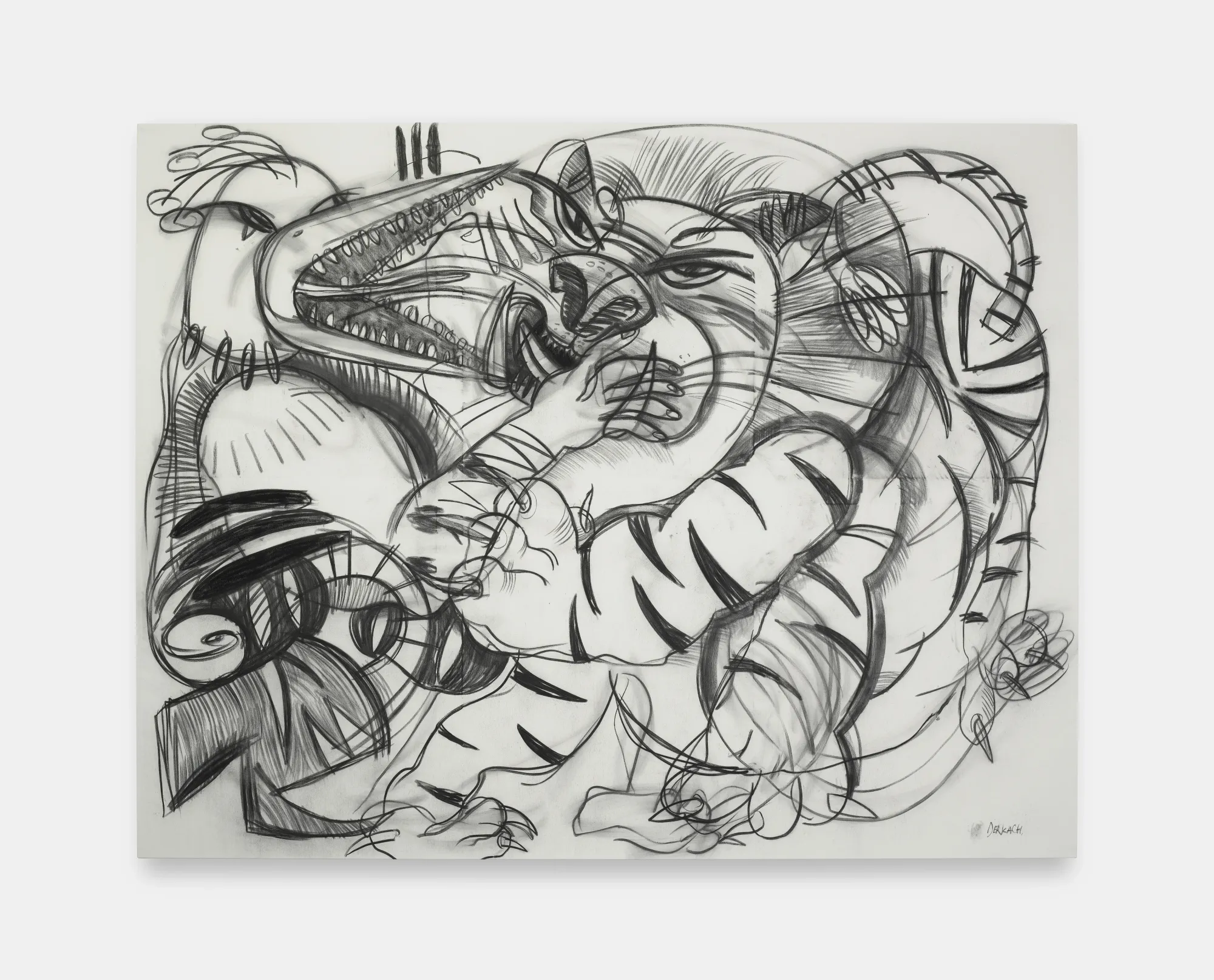 Raf raf bytva drawing by Lera Derkach showing expressive charcoal lines forming intertwined animal figures resembling a tiger and crocodile in a dynamic composition.