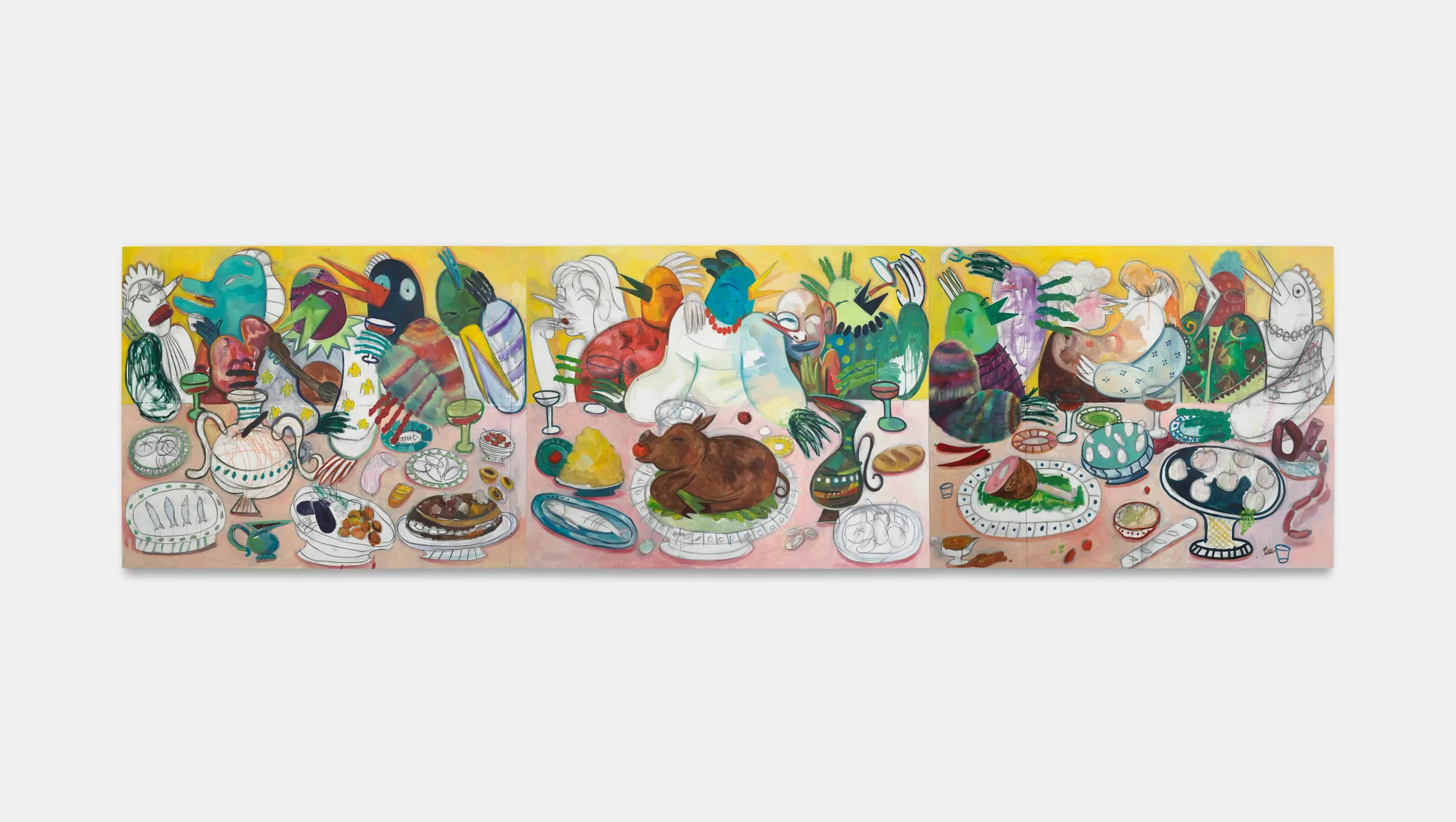 Vecheria painting by Lera Derkach showing a long banquet table scene with colorful figurative characters, animals and food across an extended panoramic canvas.