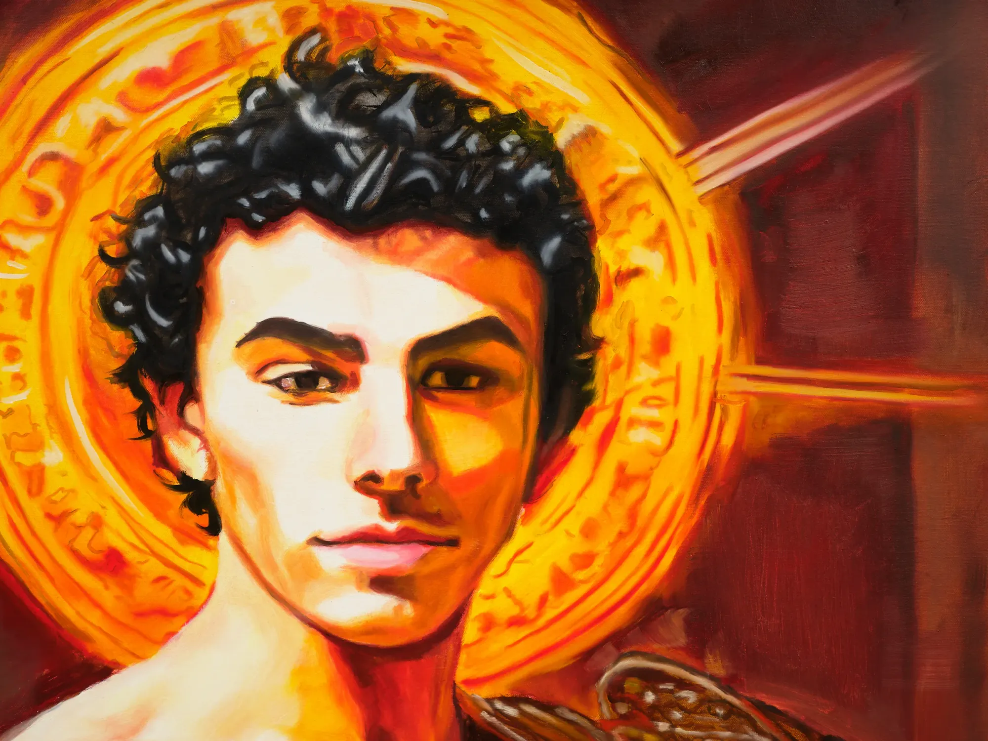 Christine Tien Wang, detail of the painting AI Luigi Angel&nbsp;Luigi Mangione viral imagery in contemporary art