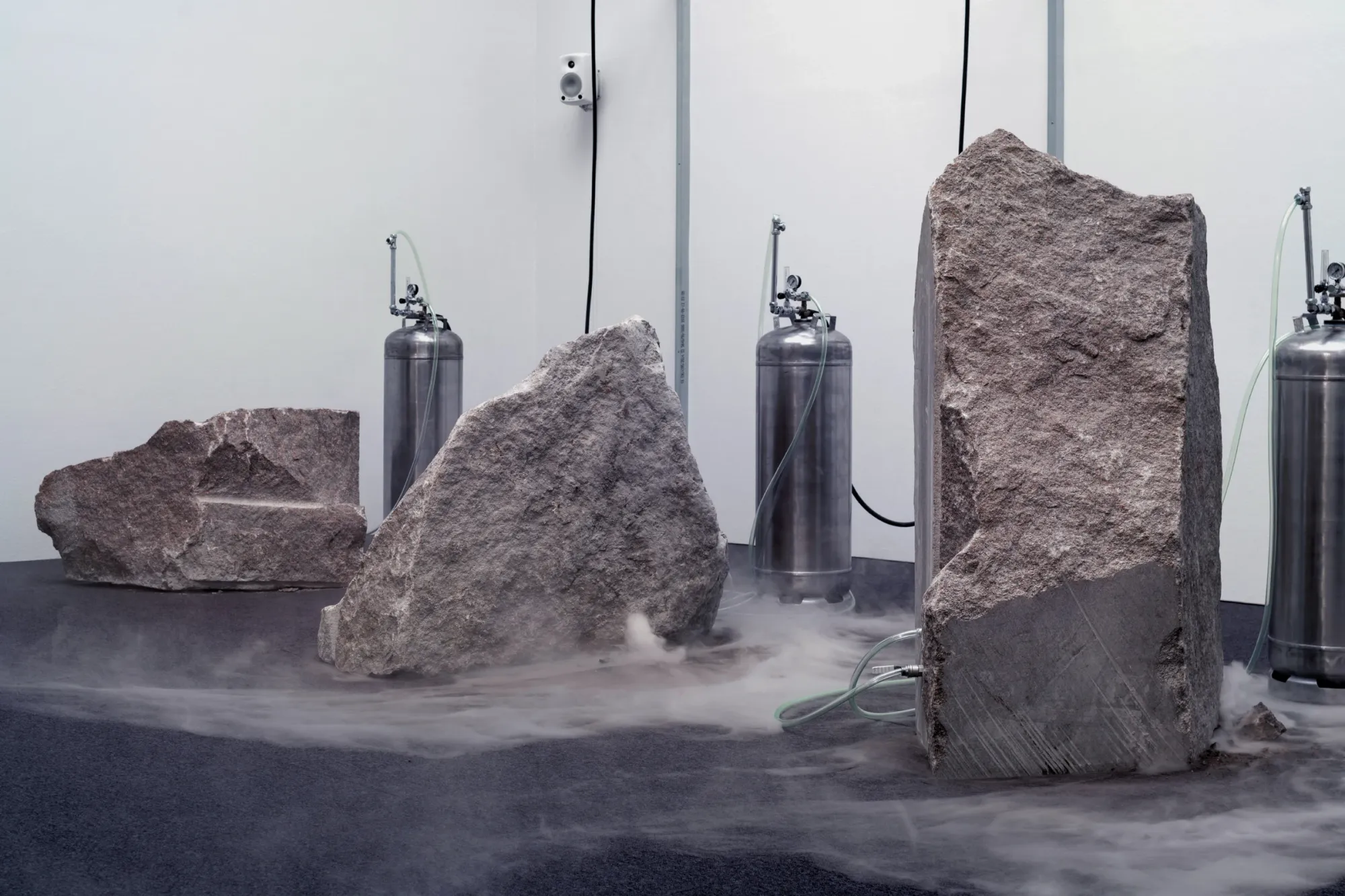 ass vitrines with organic sculptural forms, Showers Wet soldiers dries crack and crumble, Gallery Industrigatan 12 Stockholm 2017, Photo by Gallery Industrigatan 12