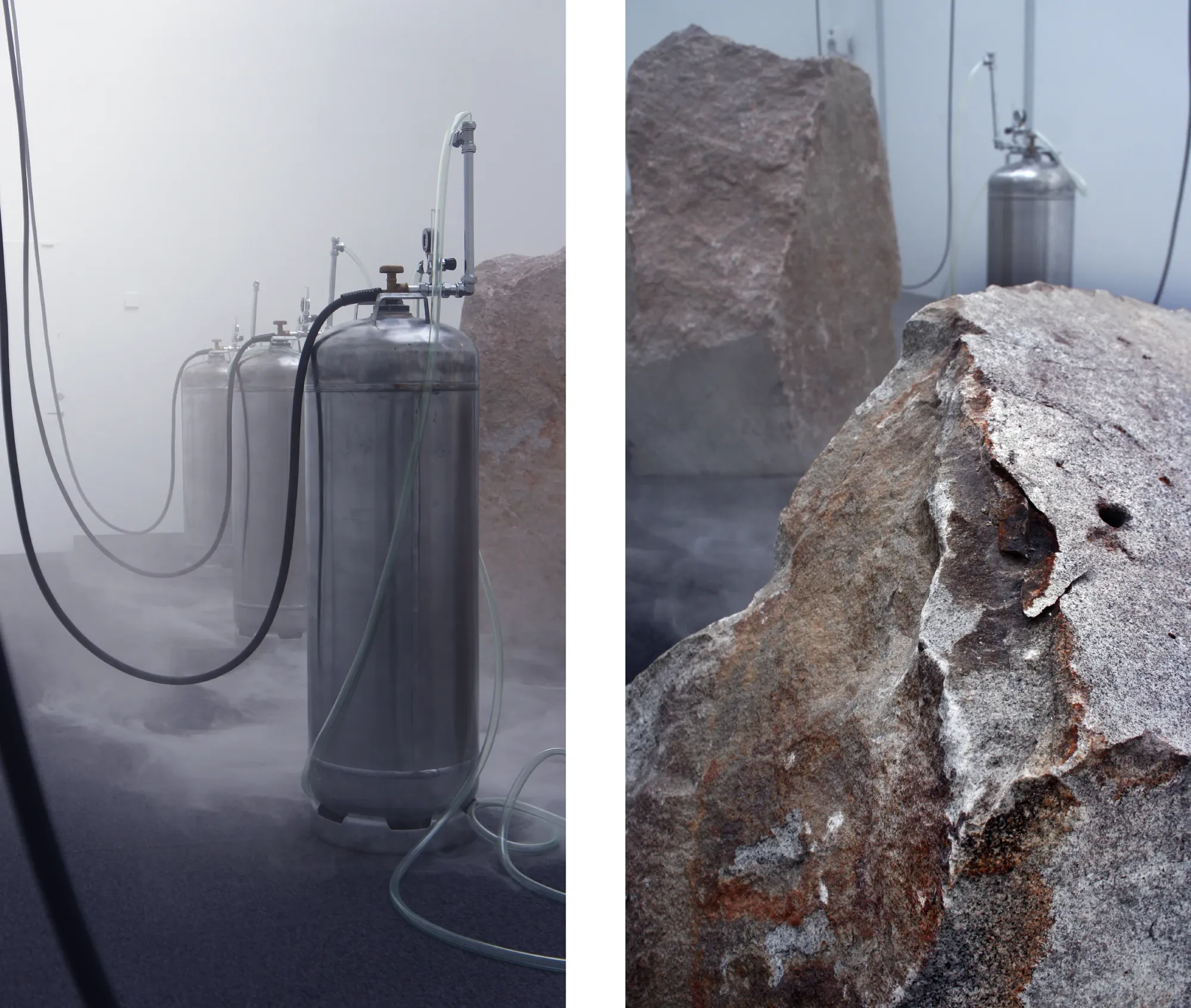 Andreas R Andersson, installation detail diptych, gas cylinders in mist and rock surface close-up