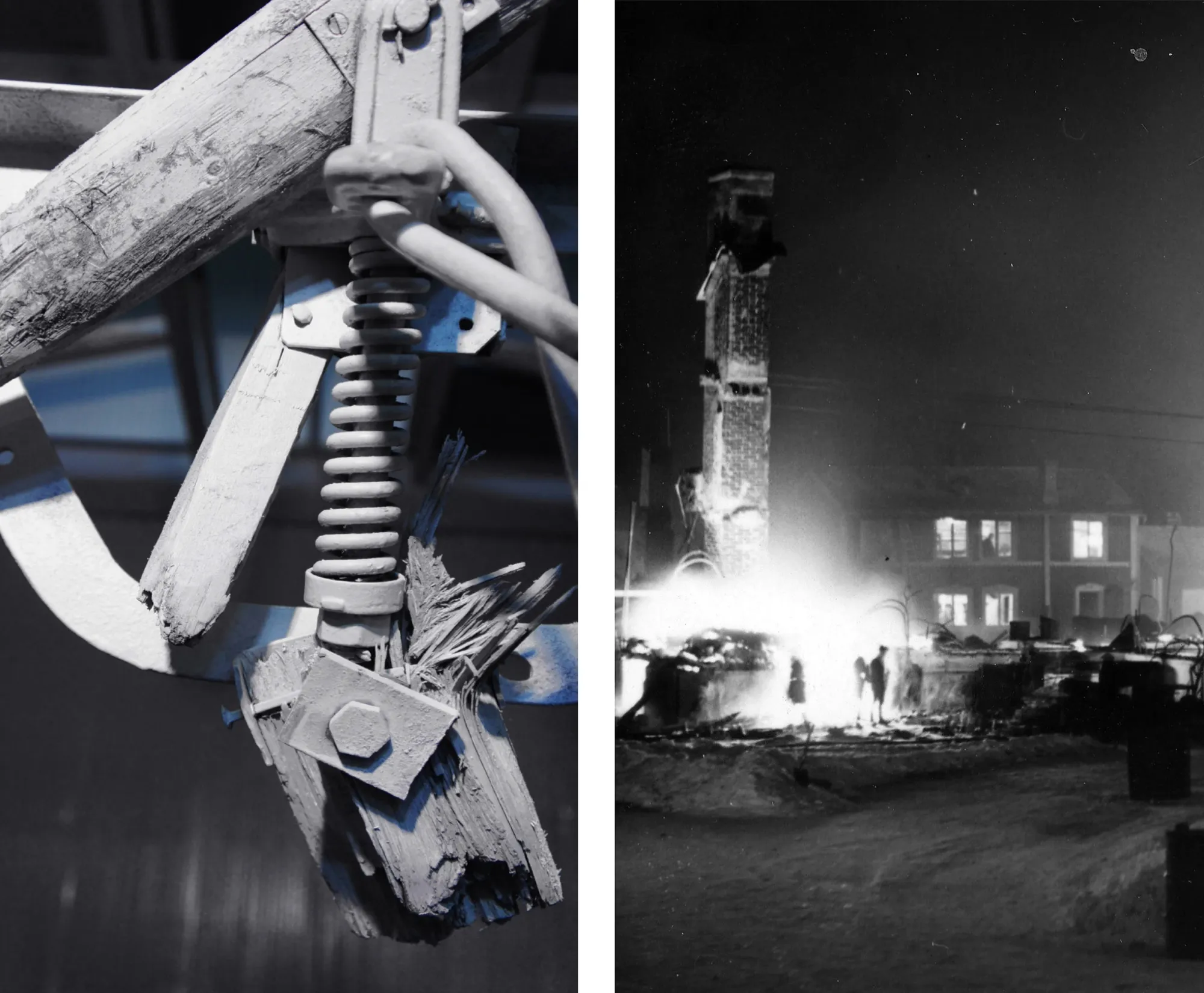 Installation detail with mechanical elements and archival image, A Barren Land Left in Dust, Kiruna Gamla Fiskodlingen 2021, Photo by Konstfrämjandet Norrbotten