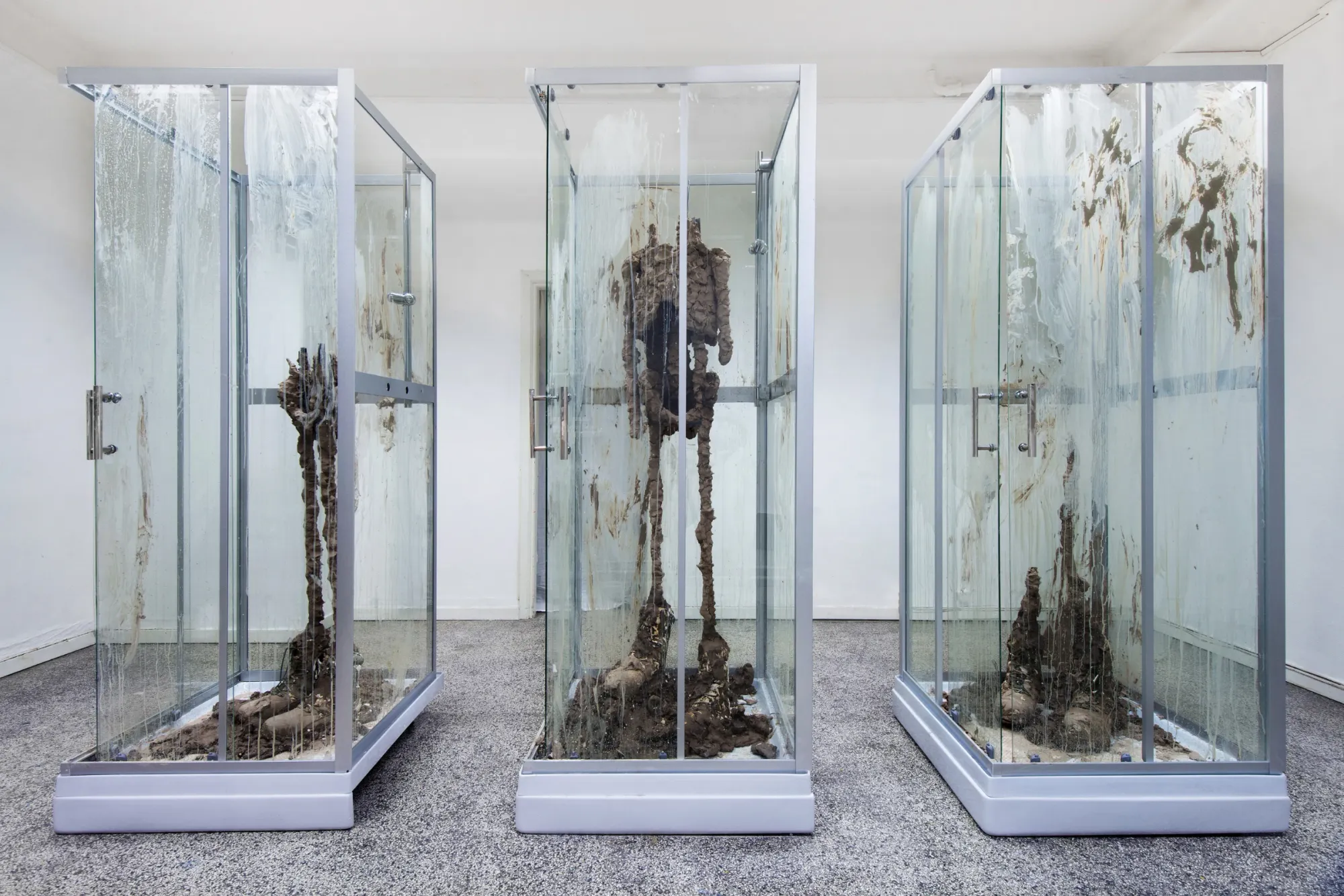 Sculptural installation by Andreas R Andersson in vitrines with organic material traces, Showers Wet soldiers dries crack and crumble, Industrigatan 12 Stockholm 2017, Photo by Gallery Industrigatan 12