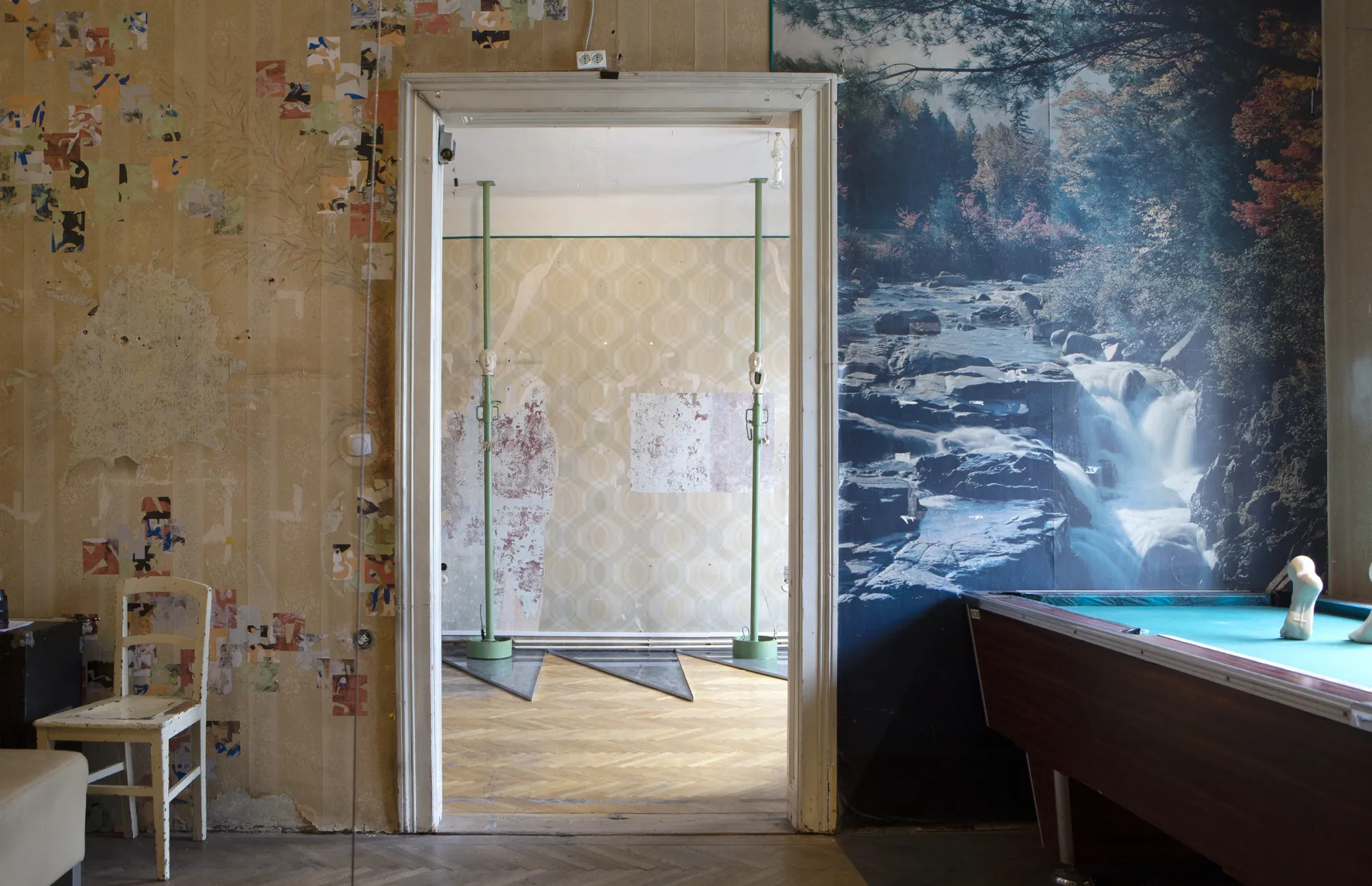 Exhibition view SPIRITUAL WARFARE ADA 2025 featuring installation by Céline Struger with steel structures and ceramic elements