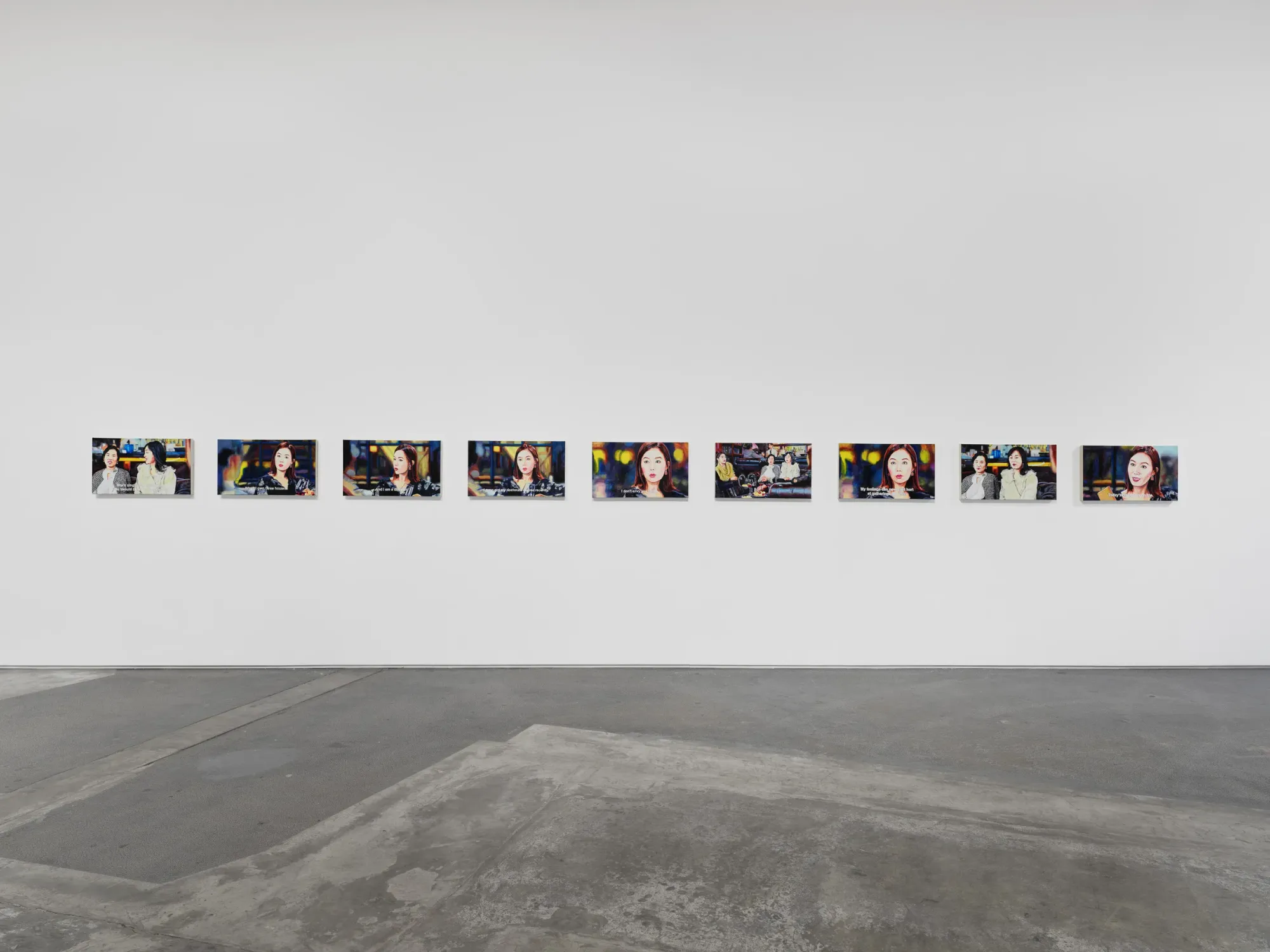 Night Gallery  Factory Doomscroll, installation view, works by Christine Tien Wang , paintings from social media and memes