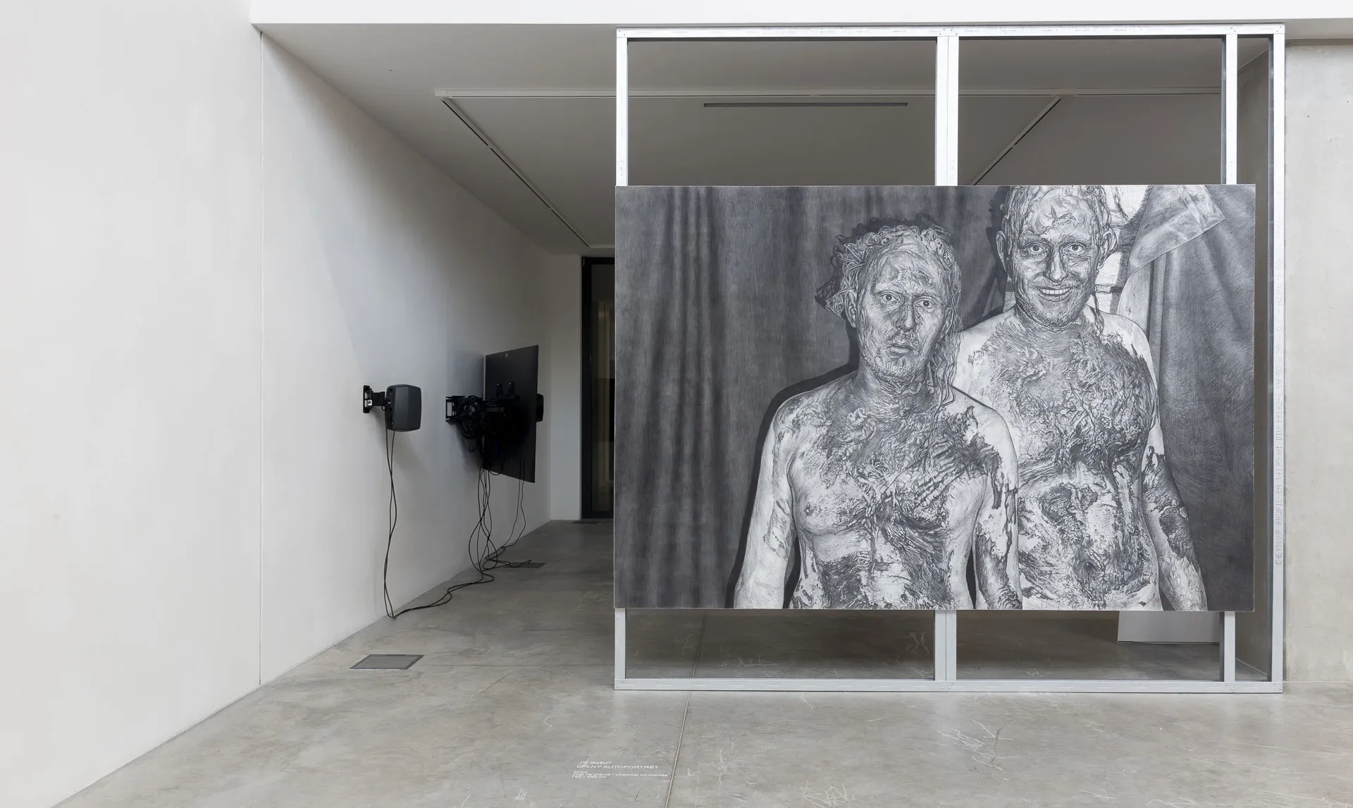 Jiří Baštýř – Complete self-portrait, 2024, charcoal on canvas, 190 x 285 cm Installation view,&nbsp;Nevědomé ráje / Unconscious Paradises, Gallery GAFU