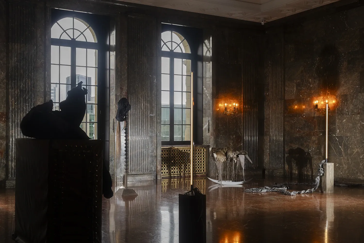 Jan Baszak installation view textile and metal sculptures in historic interior ZAMEK Poznan interspecies structures Filip Preis