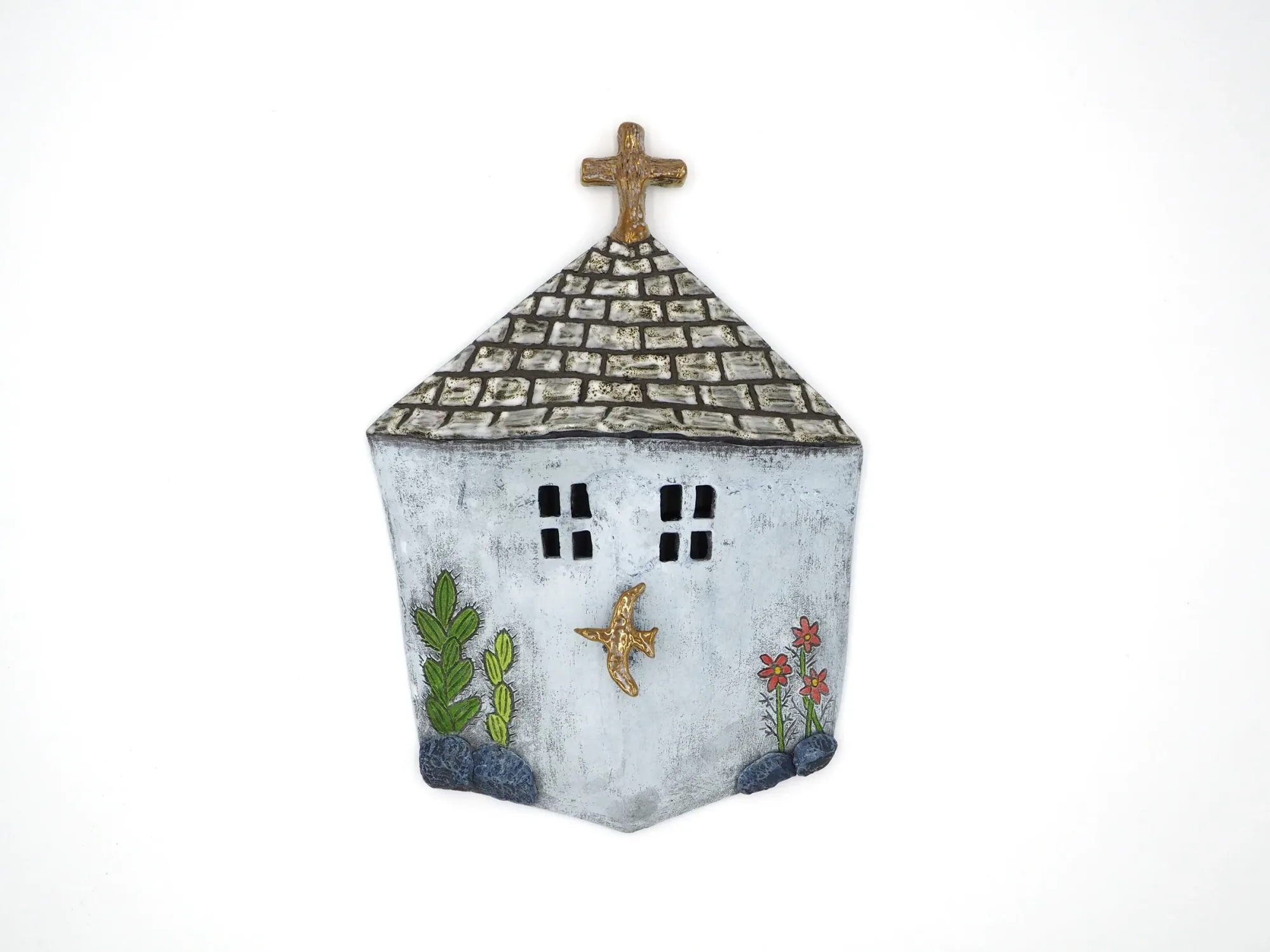 Jeyoon Ryu Sanctuary of Mothers ceramic sculpture house with cross roof flowers gold bird glazed ceramic Kyoto