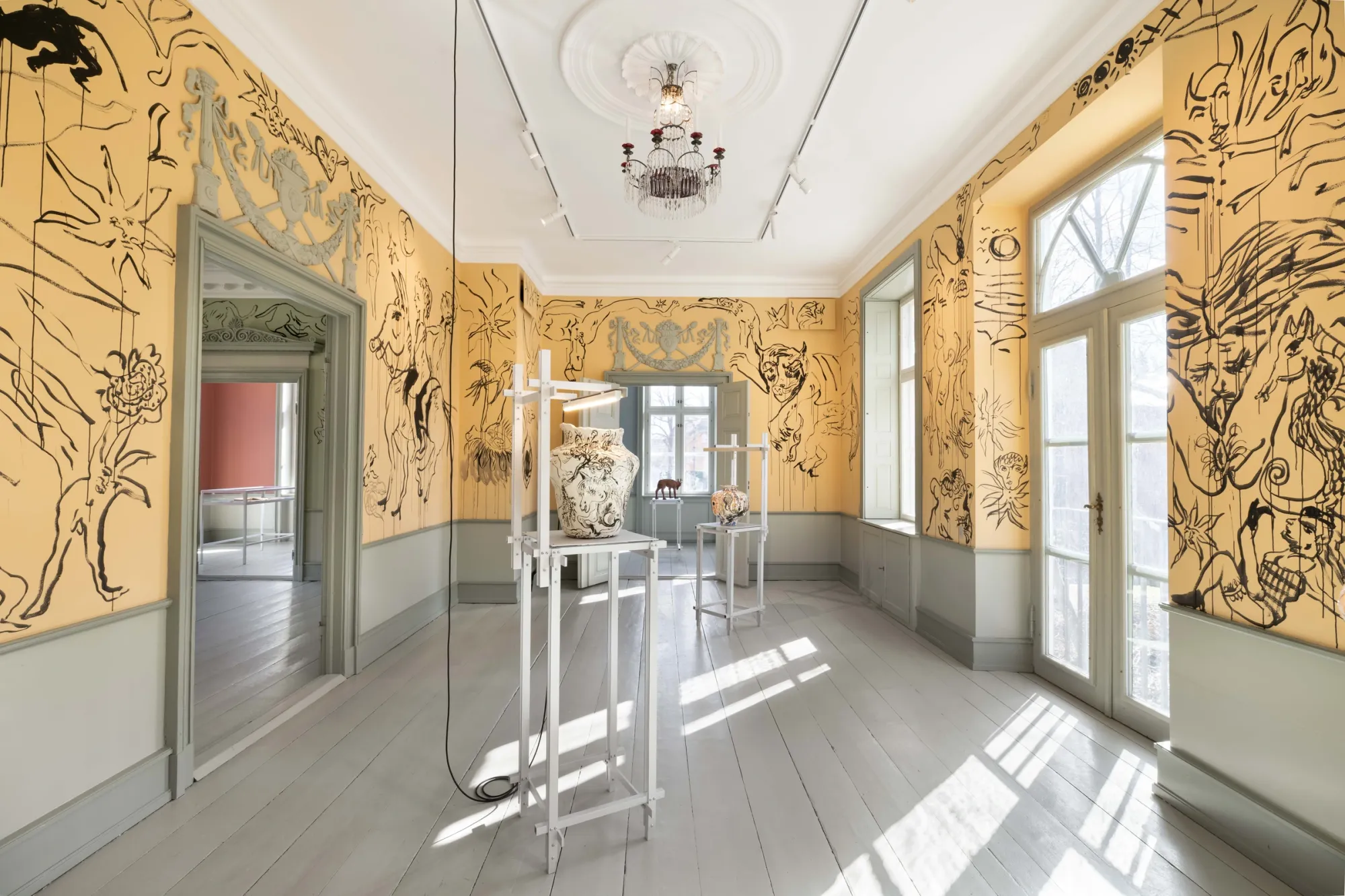 Karim Boumjimar installation view amber room Bodies Under Construction Møstings Frederiksberg wall drawings ceramics scaffolding contemporary art Denmark