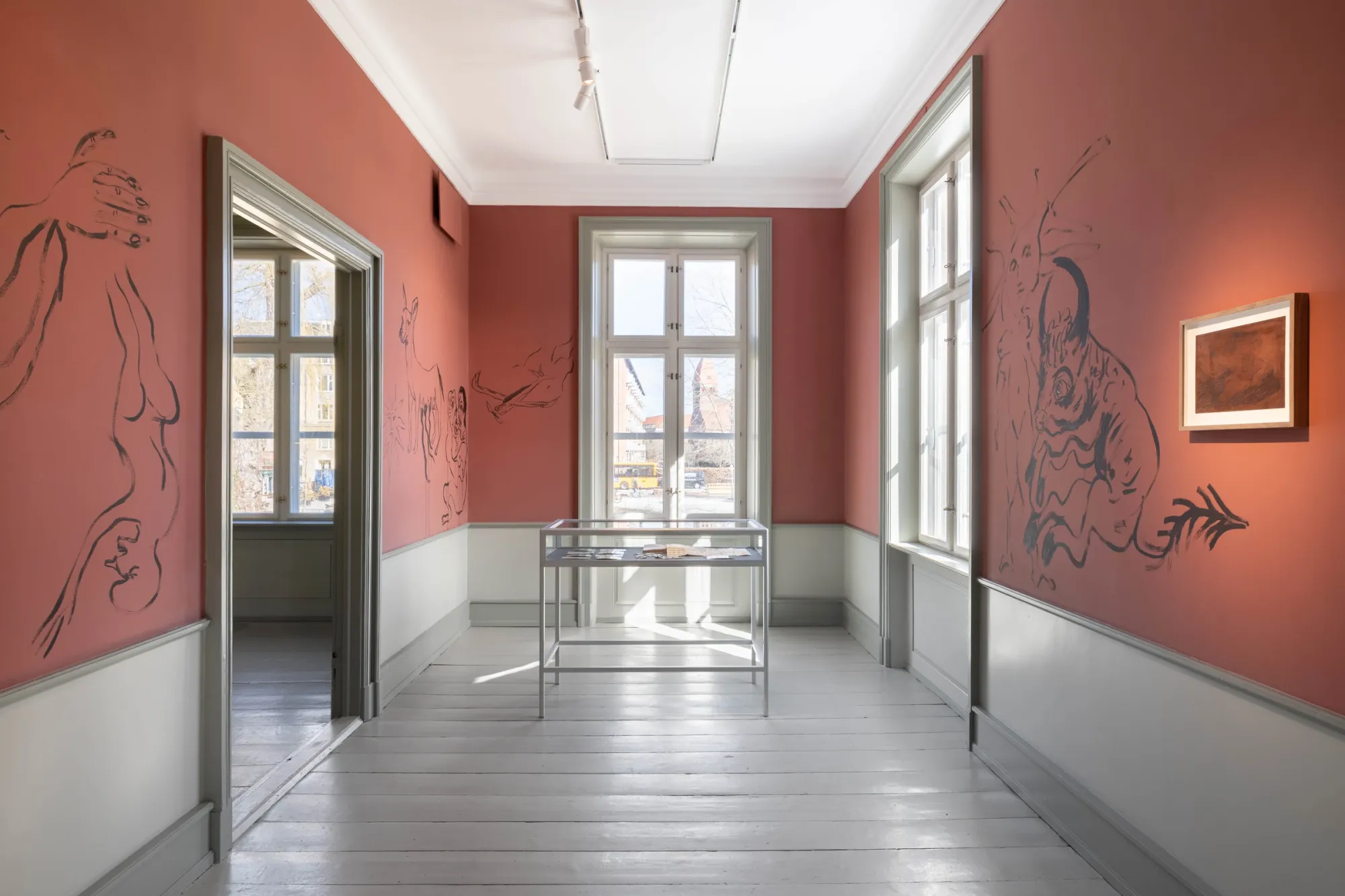 Karim Boumjimar installation coral room display case wall drawings Bodies Under Construction Møstings Frederiksberg contemporary art Denmark