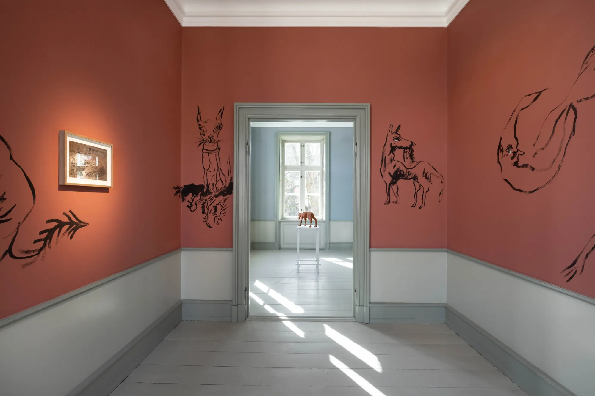 Karim Boumjimar installation coral room doorway view clay sculpture Bodies Under Construction Møstings Frederiksberg Denmark contemporary exhibition