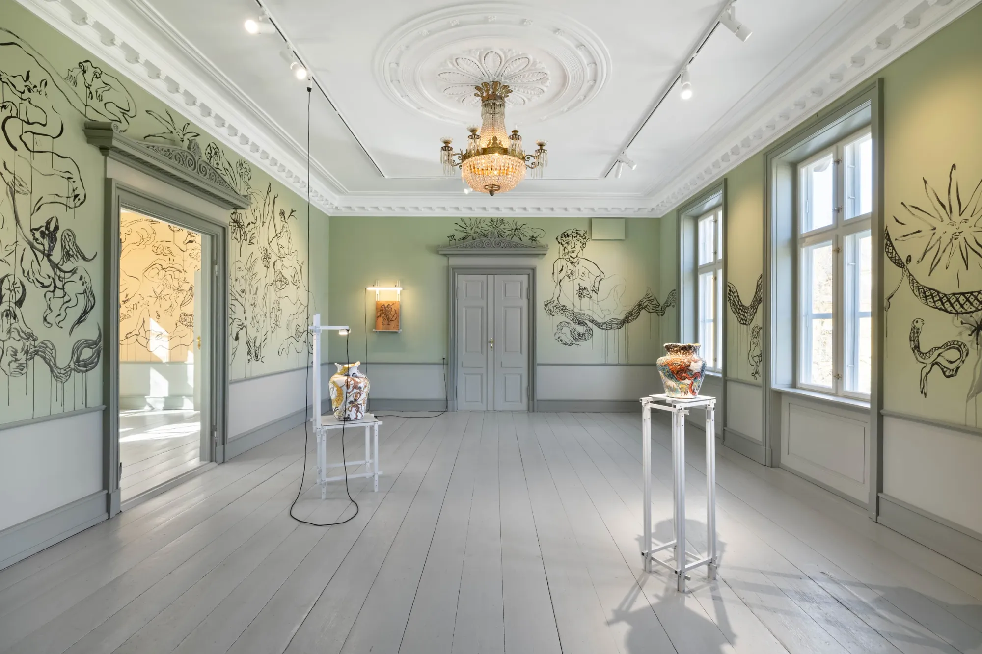 Karim Boumjimar installation view green room chandelier Bodies Under Construction Møstings Frederiksberg wall drawings ceramics Denmark contemporary art