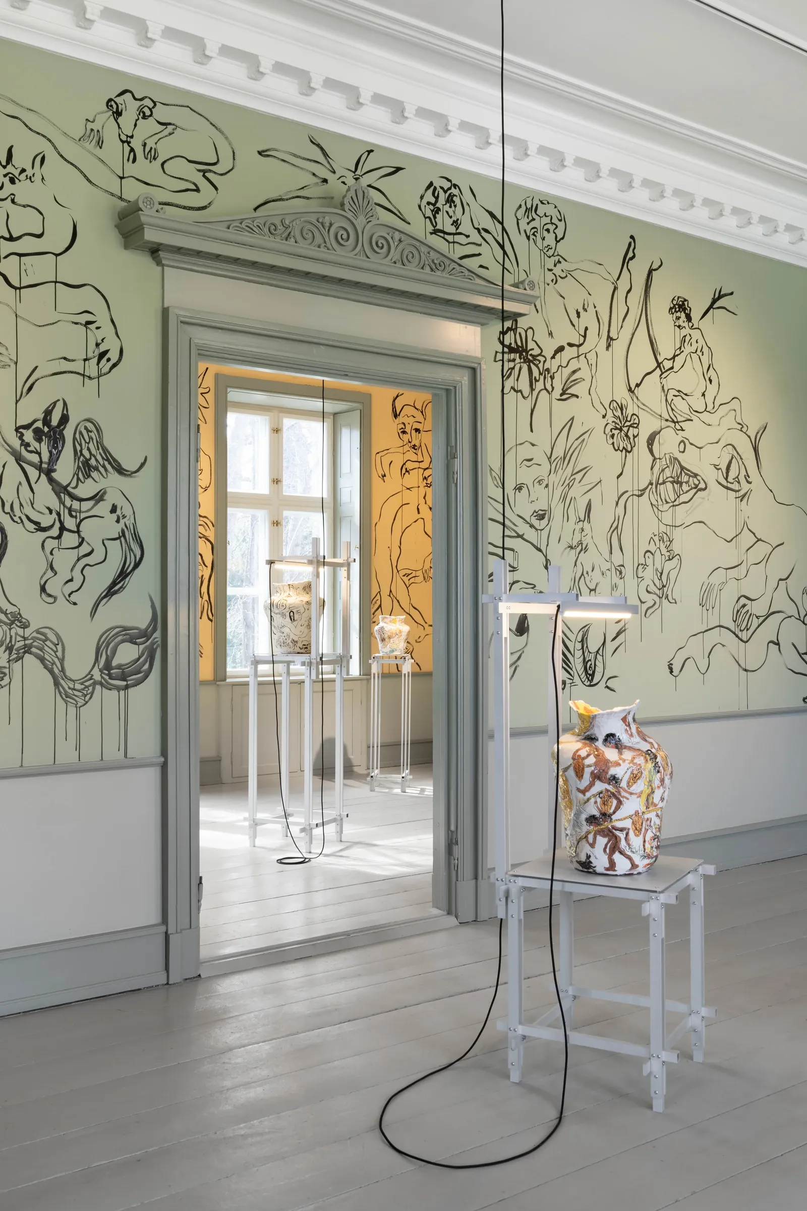 Karim Boumjimar installation view layered rooms ceramic vessel doorway wall drawings Bodies Under Construction Møstings Frederiksberg contemporary art